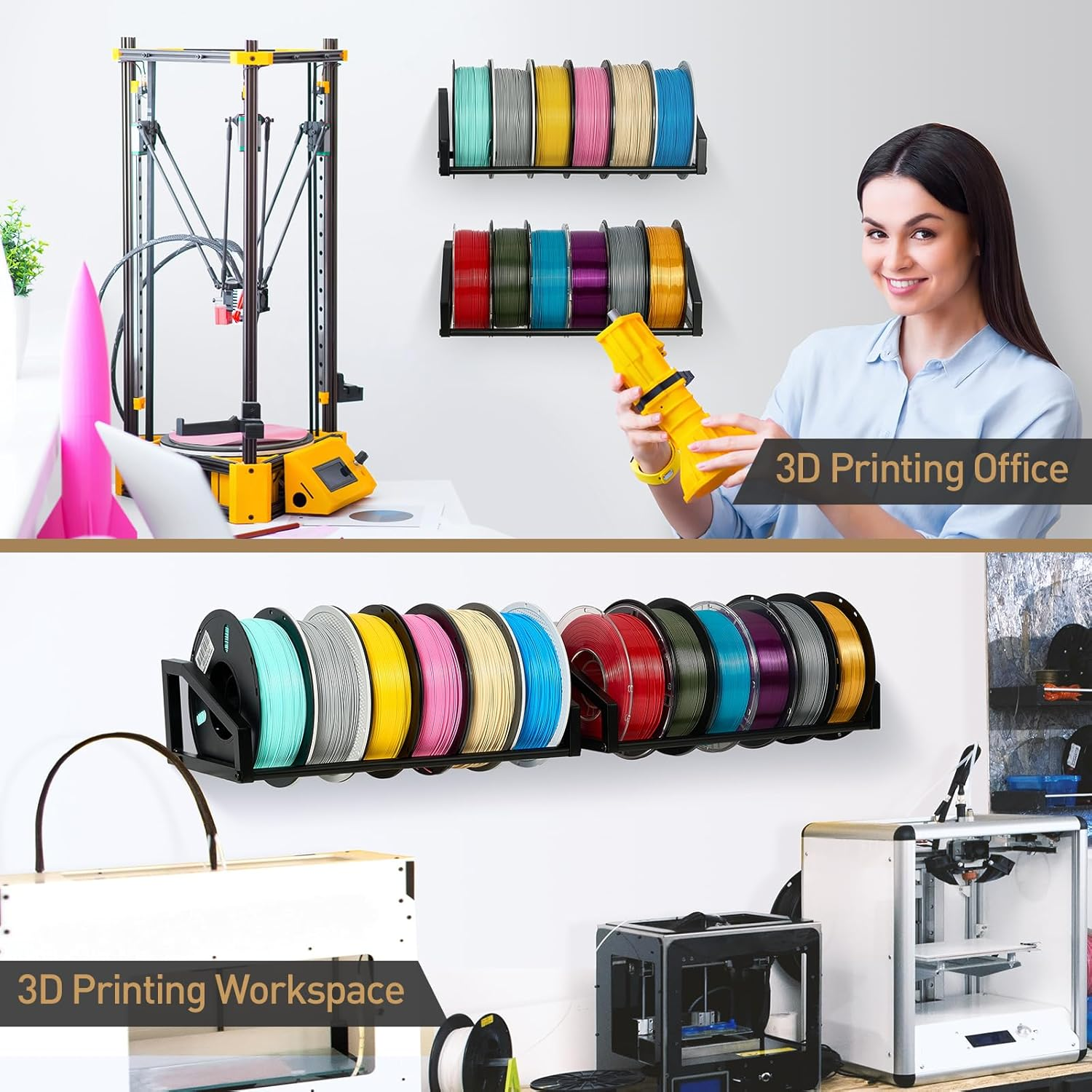 Filament Storage, 3D Printer Filament Storage Rack - Wall Mounted Heavy Duty Filament Spool Holder 2 Tier Metal Shelf Organizer for PLA, ABS, TPU, Nylon - Ideal for 3D Printing Workstation Home Office image number 3