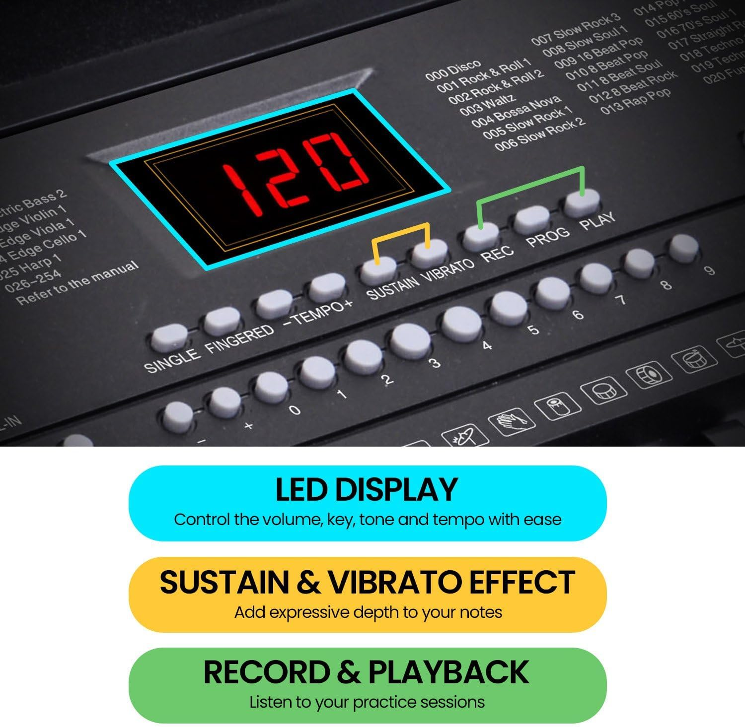 Karrera 61-Key Electronic LED Keyboard 75Cm Portable Piano in Black with Microphone Input, Headphone Output, 255 Timbres & Rhythms image number 4