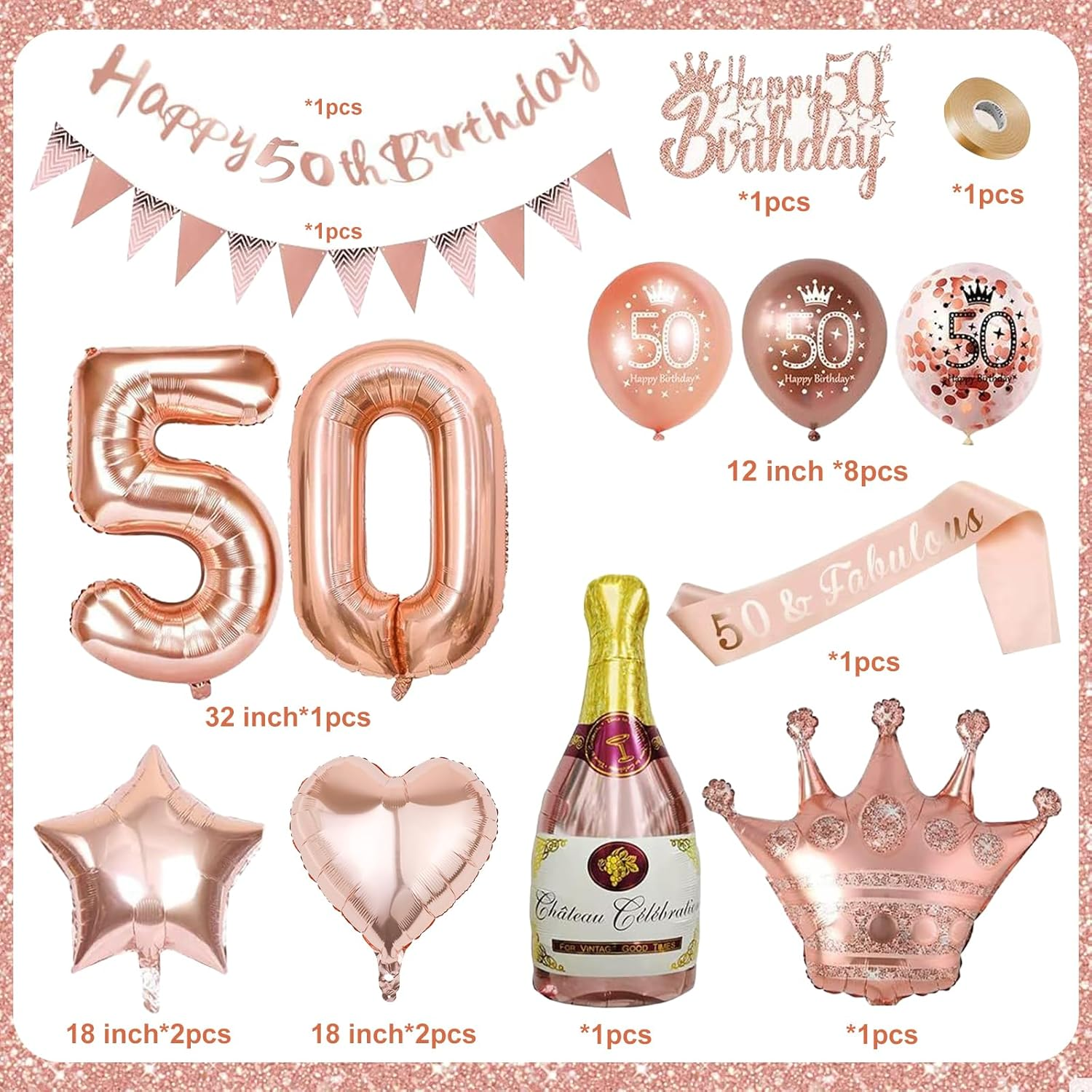Xugoox 37 Pcs Rose Gold 50Th Birthday Decorations with Happy 50Th Birthday Banner, Rose Gold 50Th Birthday Balloons Star Heart Balloons, Cake Topper, Sash for Women 50 Years Old, Fifty Birthday Decor