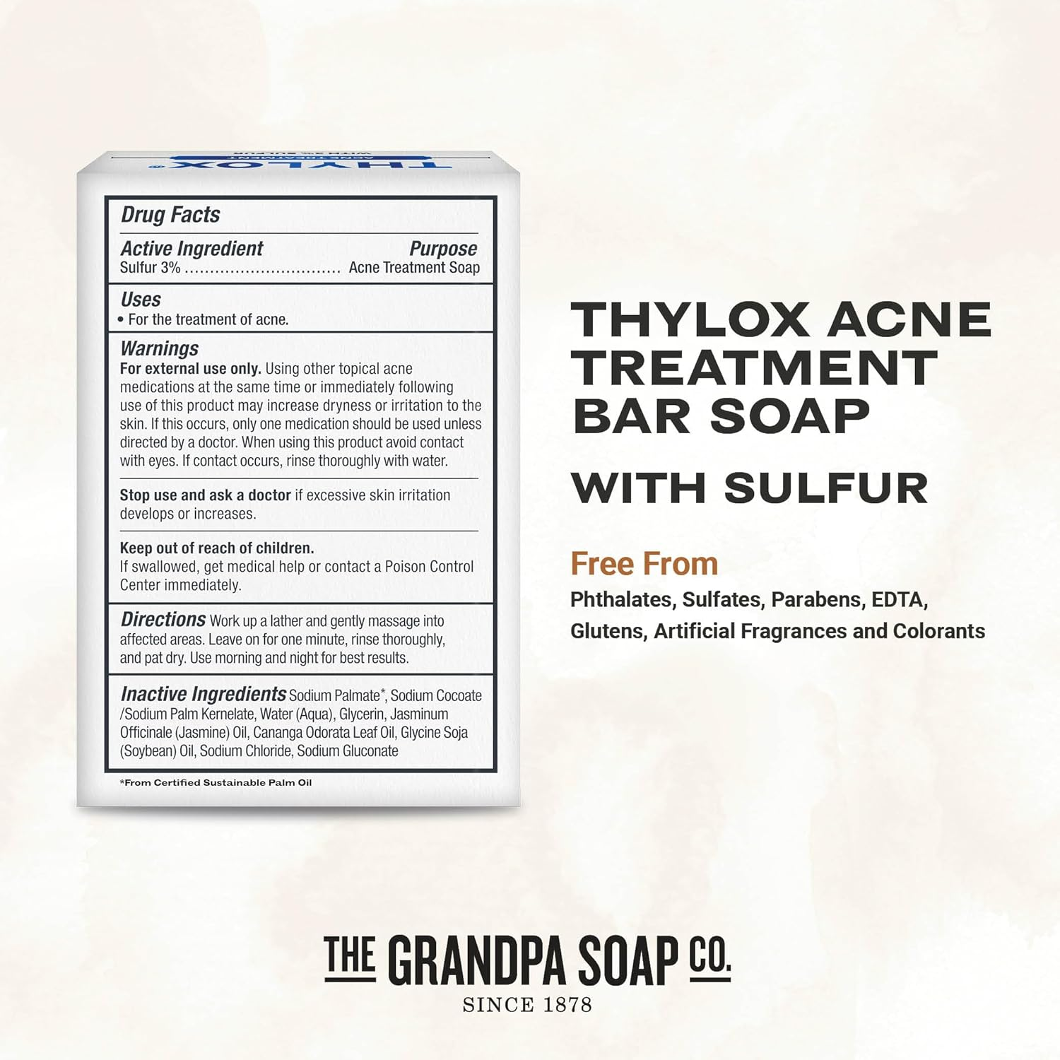 The Grandpa Soap Co. Thylox Acne Treatment Bar Soap - with 3% Natural Sulfur - Prevents and Eliminates Breakouts - for Acne Prone Skin - Safe for Sensitive Skin - 3.25 Ounces (Pack of 2) image number 2
