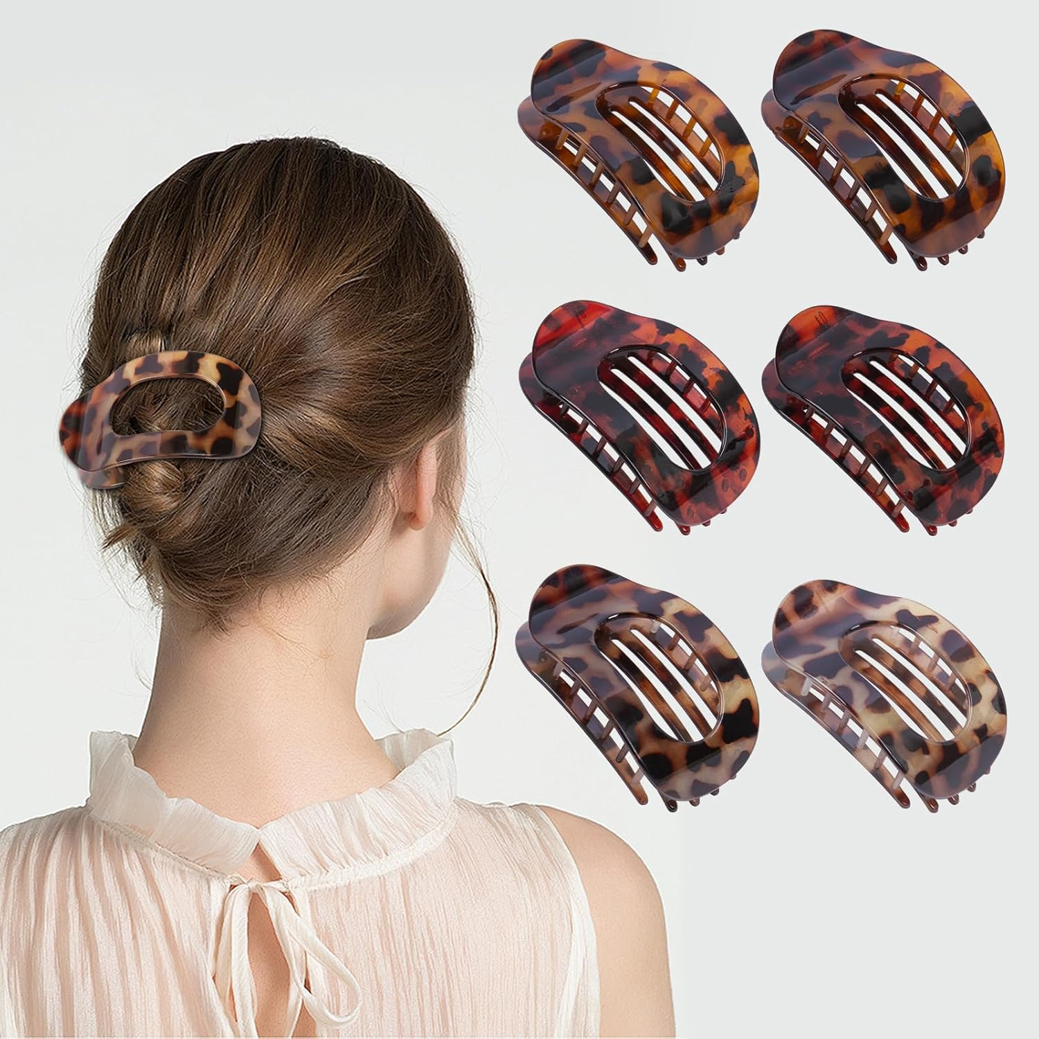 Flat Claw Clips for Women, 6 Pack Ergonomic Curved Hair Clips, Strong Hold Non-Slip Design for Thick & Thin Curly Hair, Leopard Print & Tortoise Shell Colors, Comfortable All-Day Wear for Girls