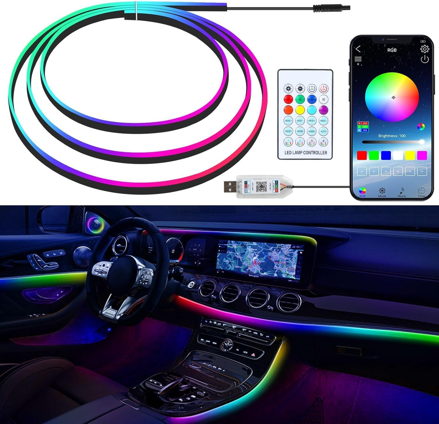 Interior Car LED Strip Lights 43 Inches Length 0.08In Ultra-Thin Thickness with App/Remote Control, Color Changing Ambient Lighting Kit, Sync to Music Car Lighting Accessories image number 2
