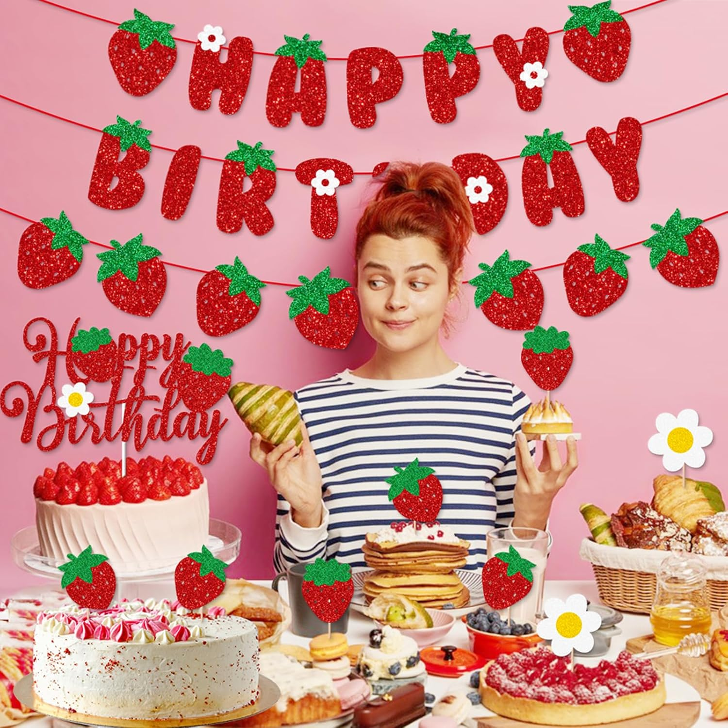 44PCS Strawberry Party Decorations Strawberry Theme Banner Party Kit Birthday Cake Cupcake Toppers Decor for Summer Fruit Themed Party Supplies for Girl Lady Women Birthday image number 6