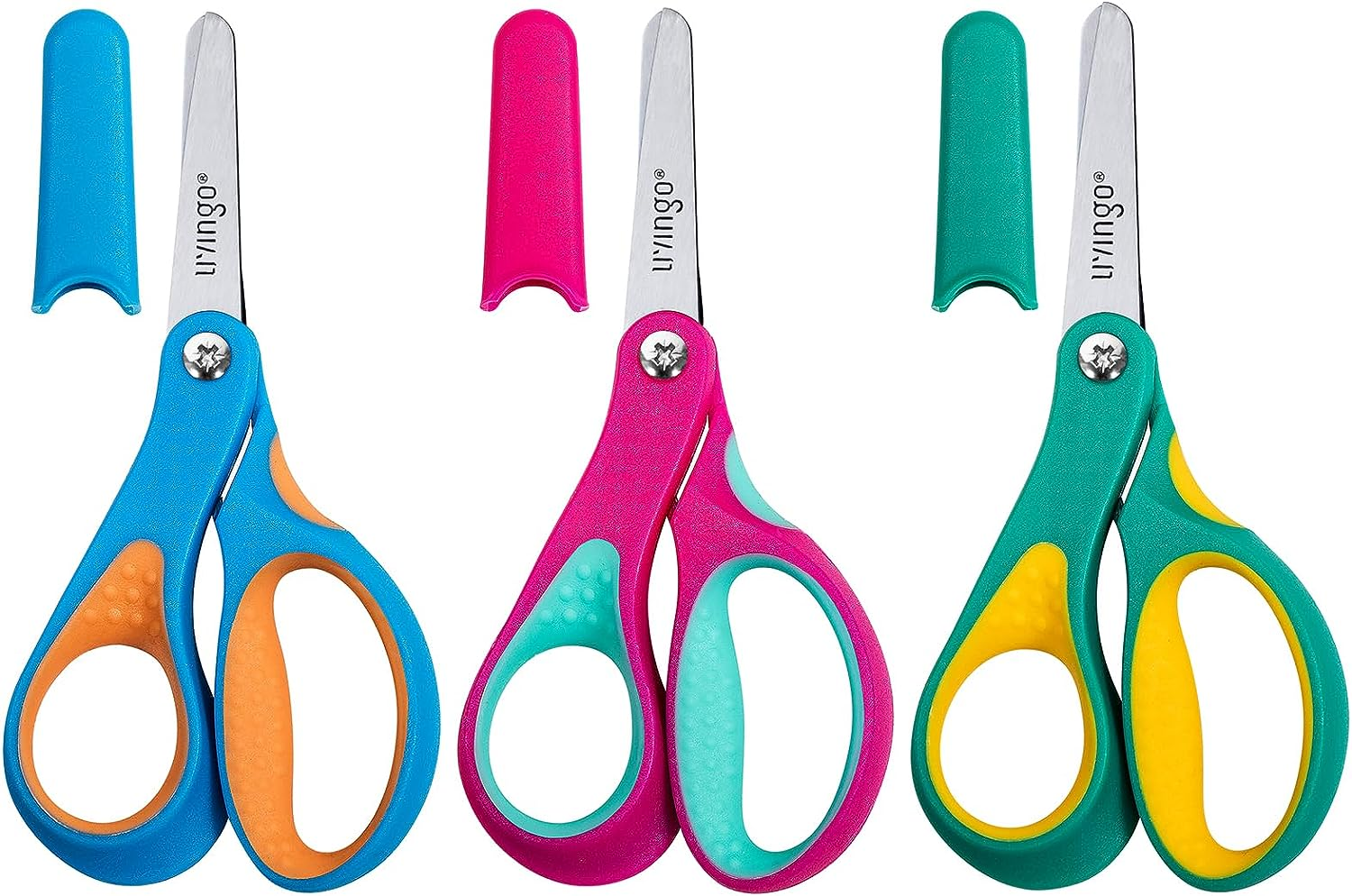 LIVINGO Left Handed Kids Scissors: Blunt Tip Safety Lefty Toddler Child Scissors for School Craft Cutting Paper - 3 Pack 5 Inches Comfort Grip Green, Rose Pink, Blue image number 2