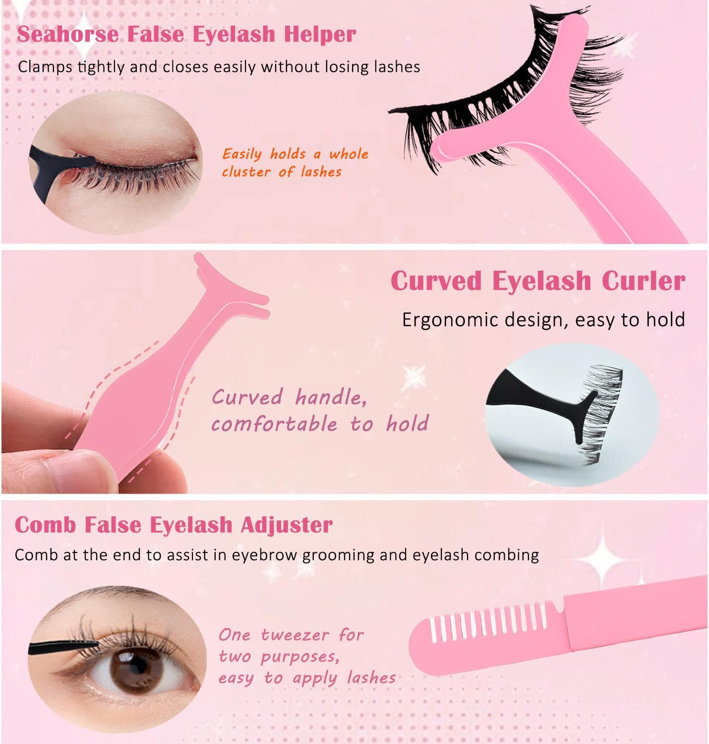 TORMEN Eyelash Tweezers Set 3 Pcs Stainless Steel Lash Applicator Tool Kit for Women False Curved Straight and Comb Tweezers for Eyebrow Trimming Makeup Beauty Care (Pink) - Pink image number 2