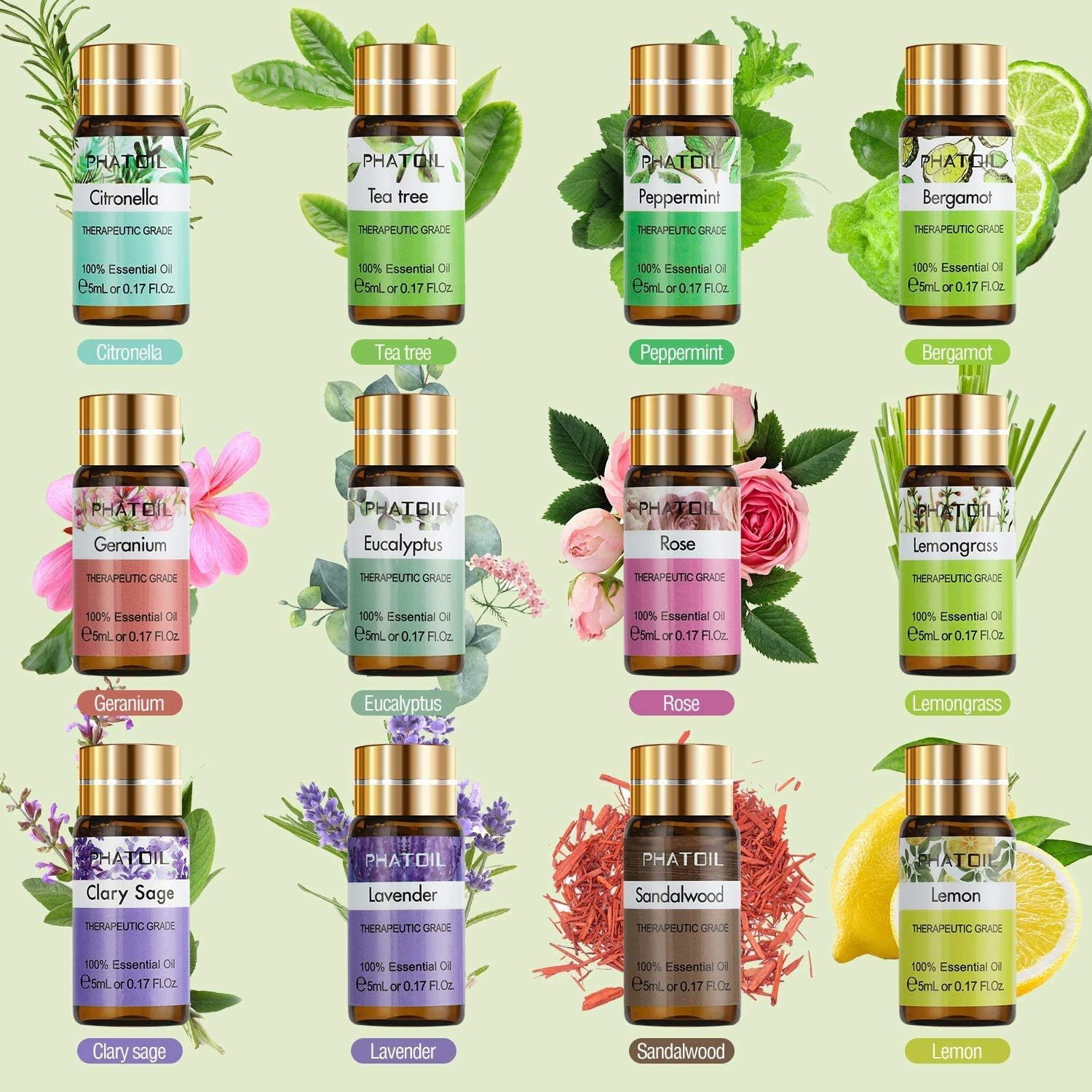 PHATOIL Premium Essential Oils Set with Wood Diffuser 100% Pure Natural Therapeutic Aromatherapy Oils Gift Set-12 Pack/5Ml for Relaxation,Peacefulsleep,Diffuser,Humidifier,Massage,Skin&Hair Care image number 6