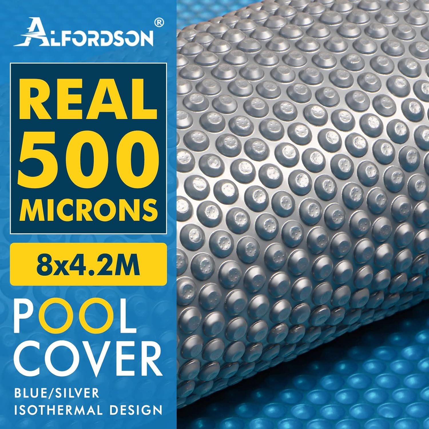 ALFORDSON 8M X 4.2M Pool Cover 500 Microns Bubble Solar Isothermal Swimming Blanket, Keep Water Heat and Clear for Inground Pools, Blue/Silver image number 3