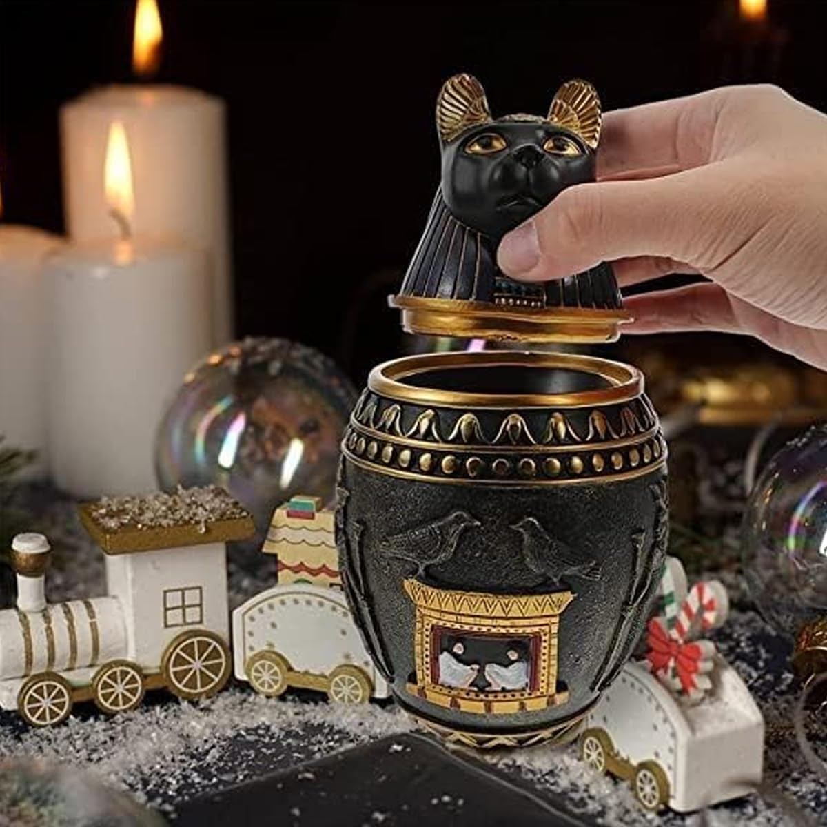 AIMALL Egyptian Cat Decorative Urn, Resin Anubis Jar with Lid, Vintage Style Pet Memorial, Internal Storage, 7.28In image number 2