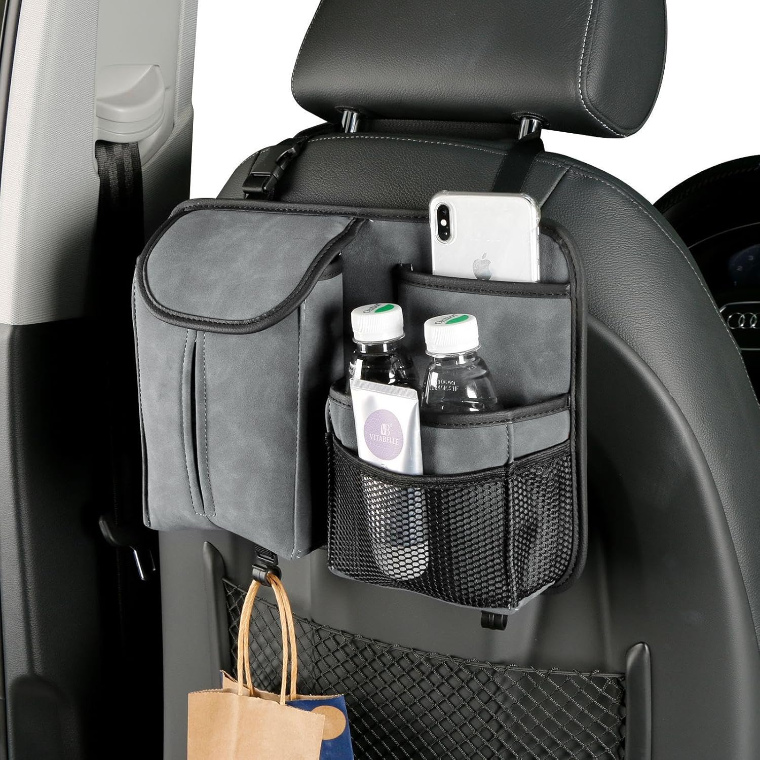 Premium Grey Car Seat Organizer with PU Leather Flip-Top Tissue Box &ndash; Luxury Hanging Storage Bag for Cars, Multi-Pocket Backseat Organizer, Universal Fit image number 1