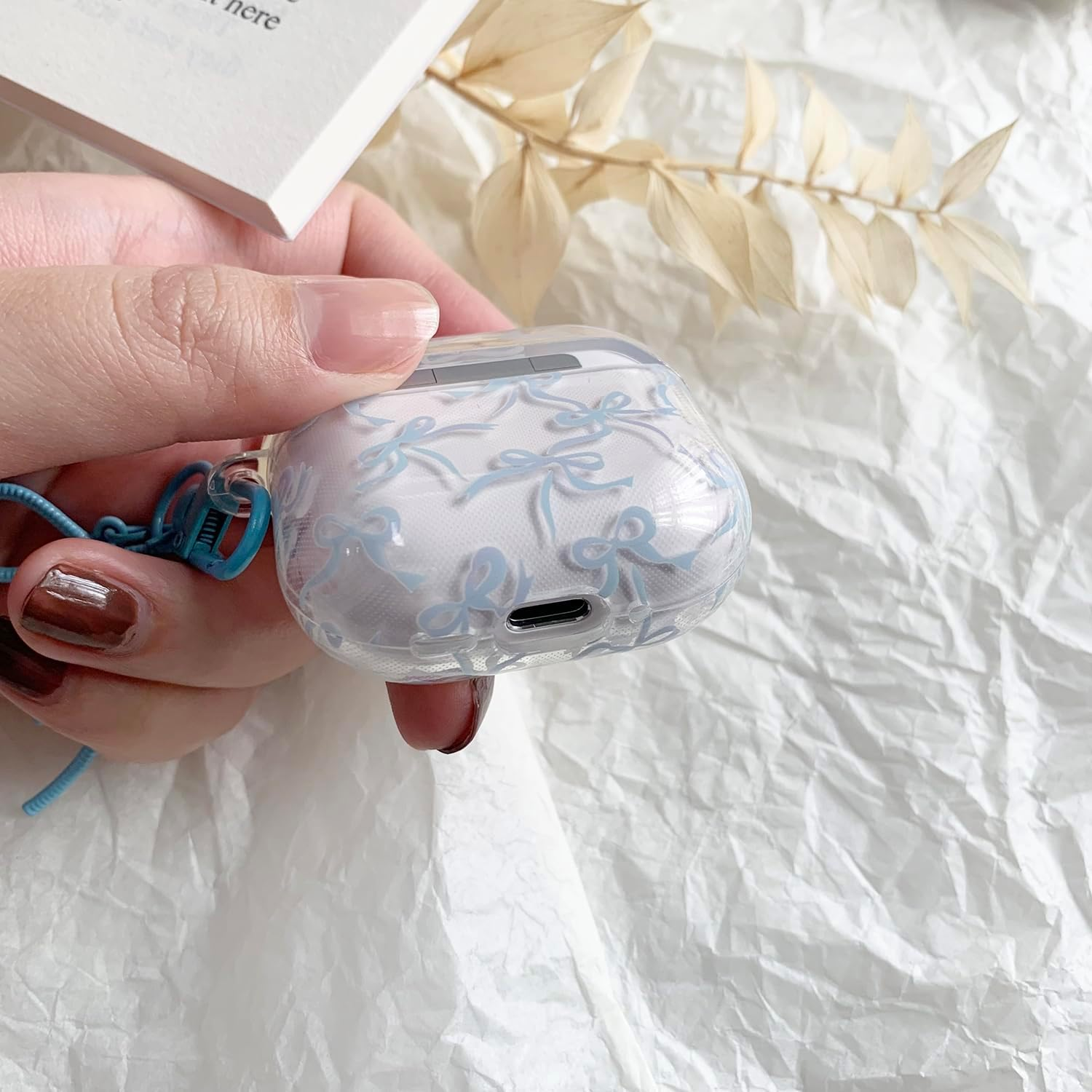 Case for Airpods Pro 2 with Cleaner Kit Soft Cute Bow Pattern Fashion Design Bowknot Aesthetic Shockproof Keychain Headphone Cases for Airpods Pro 2-Blue image number 5