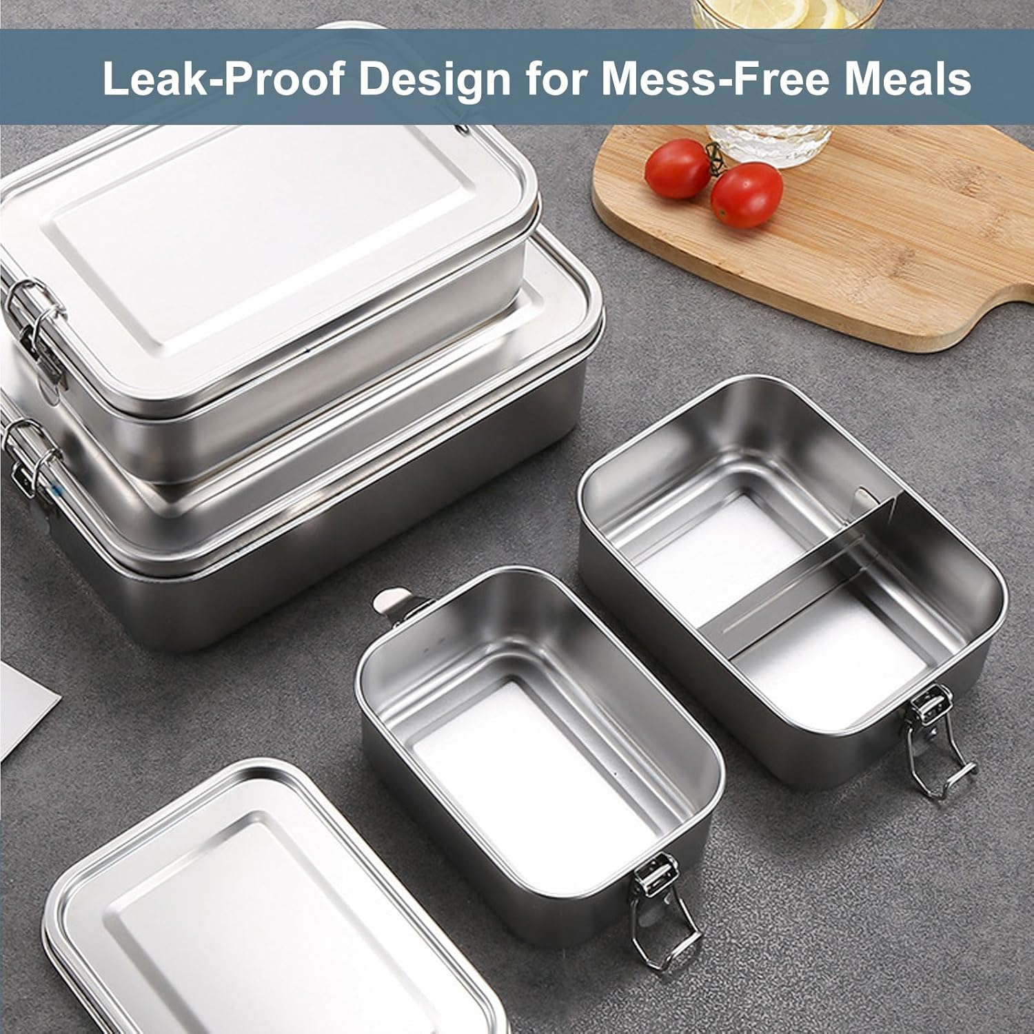 2-Pack Stainless Steel Lunch Box - Leak Proof Metal Lunch Box for Work, School, Bento Lunch Box for Meal Prep, Snack Container and Food Storage (1400Ml + 550Ml) image number 2