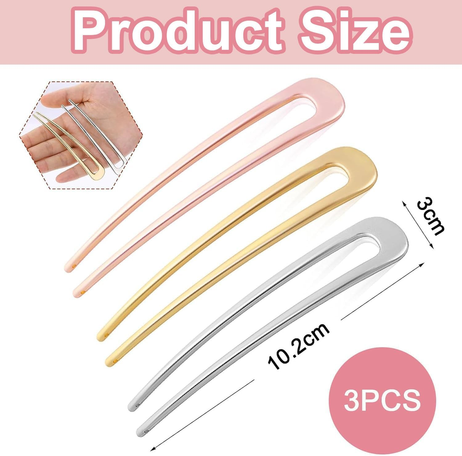 Pack of 3 U-Shaped Hair Pins, French Hairpin, 2 Prong Hair Bun Pins, Metal Hair Accessories, Hair Pin Hair Clip, Updo Hair Clips, Hair Styling Accessories for Women and Girls