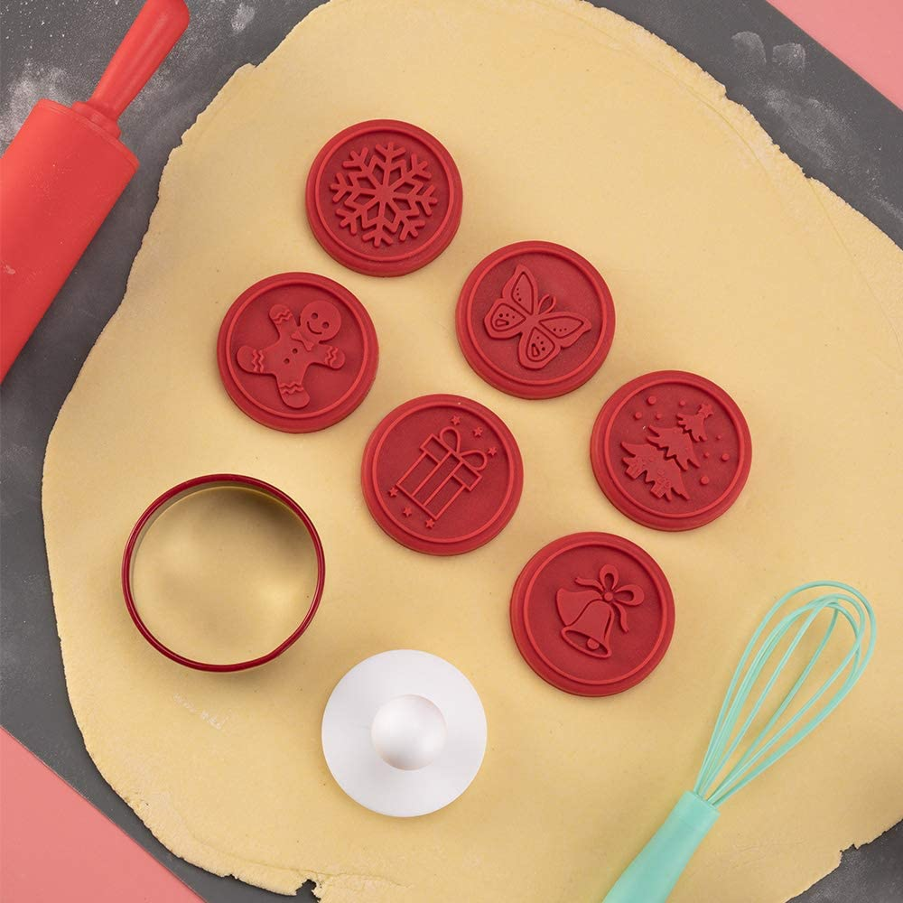 Cute Silicone Cookie Stamps Set- 6PCS Biscuit Cutter Fondant Mooncake Mold with Handle Cake Dessert Adjustable Pressable DIY Baking Decoration Tool for Christmas Holiday Home and Kitchen(Random Color) image number 1
