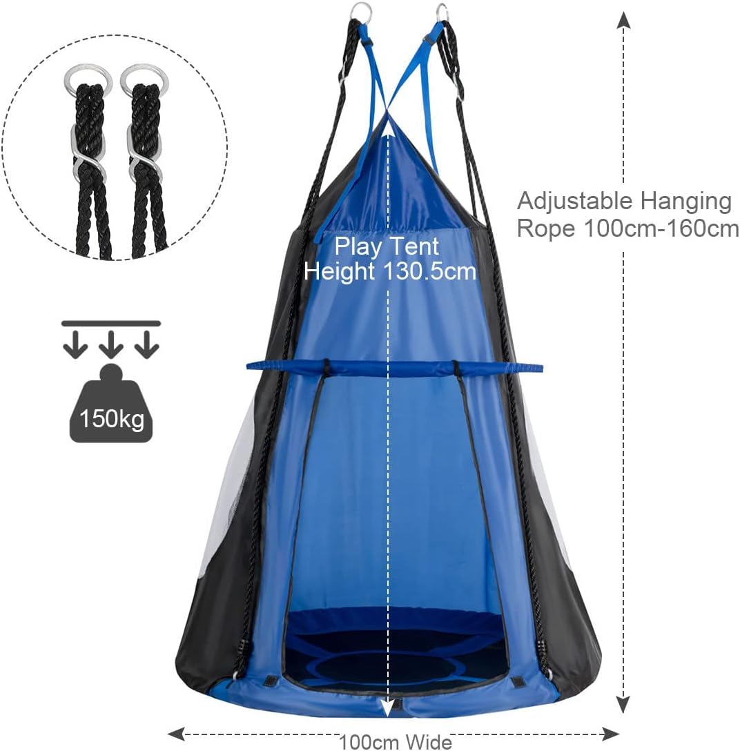 HONEY JOY 100CM Kids Detachable Hanging Chair Swing Tent, 2 in 1 Hammock Nest Pod Hanging Swing Seat, Children Outdoor Indoor Swing Play Tent for Backyard Tree, Max Capacity 150KG (Blue) image number 2