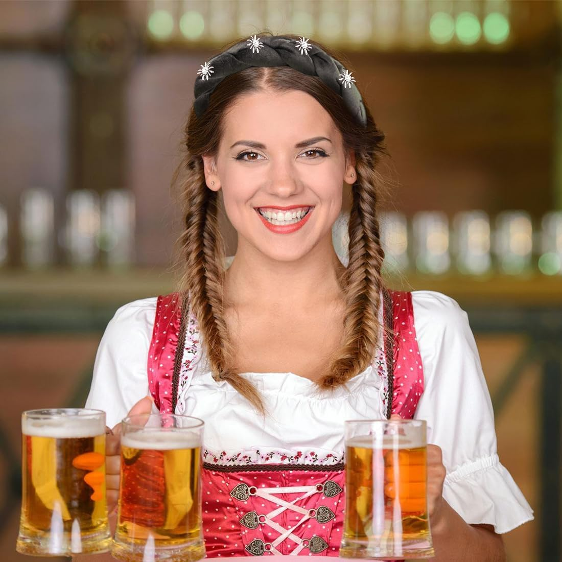 OUDQFCJ Braided Velvet Headband Green for Dirndl Costumes Hair Accessories with Edelweiss for Women Girls Oktoberfest Wiesn Headpiece image number 2