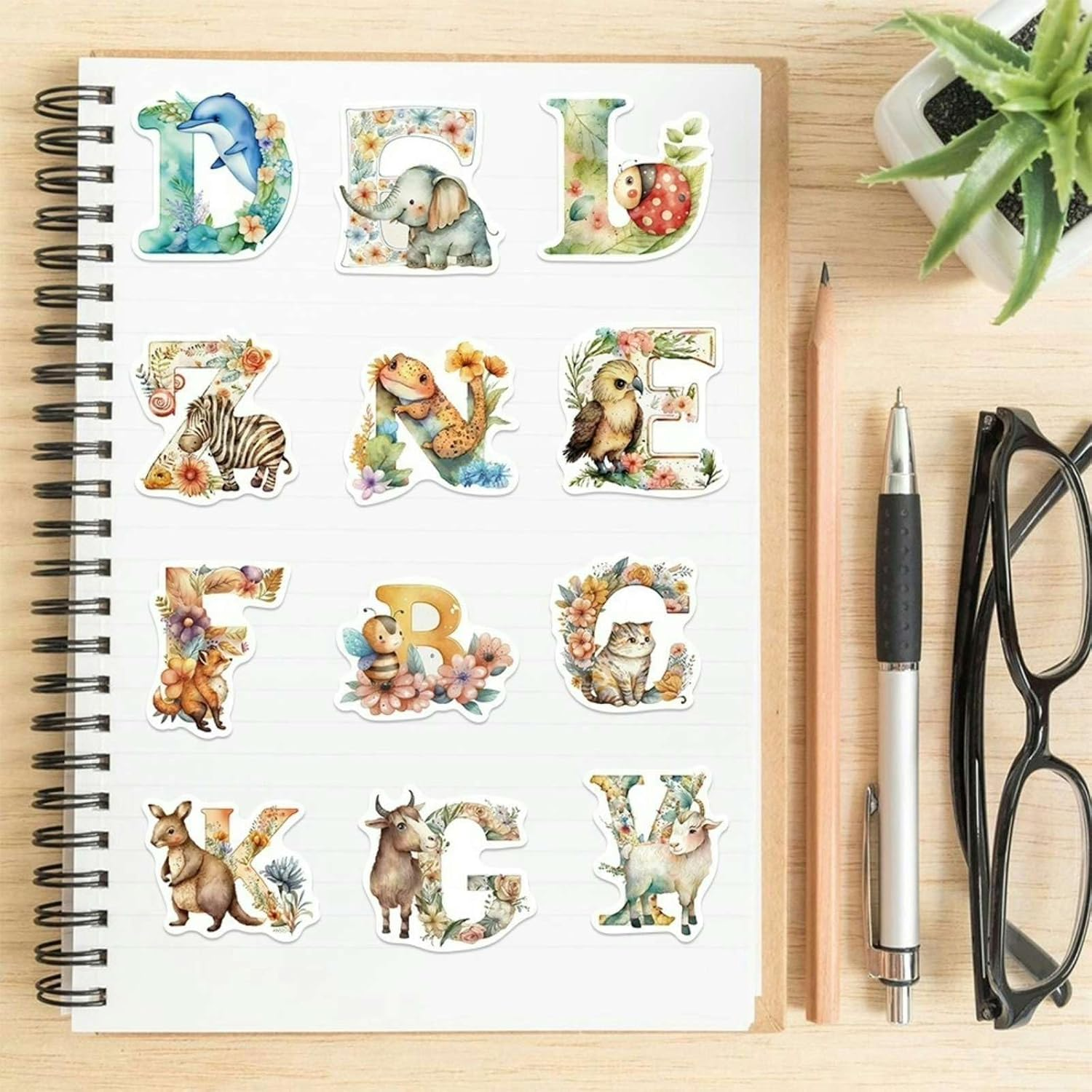 Animal Letter Stickers for Kids, 52Pcs Cute Stickers for Kindle Book Laptop Computer Water Bottle Skateboard Guitar, Scrapbooking Supplies for Toddlers Kids Boys Girls Teens image number 1