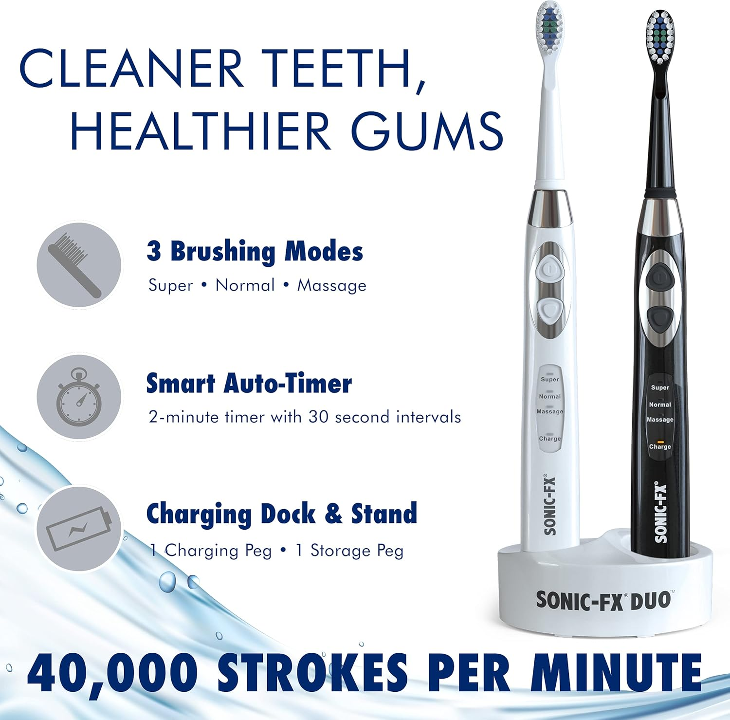 Sonic-Fx DUO Dual Handle Whitening Electric Toothbrushes - 3 Modes with Smart Timers - 12 Brush Heads & 2 Interdental Heads with Charging Dock (His & Hers) - Black image number 6