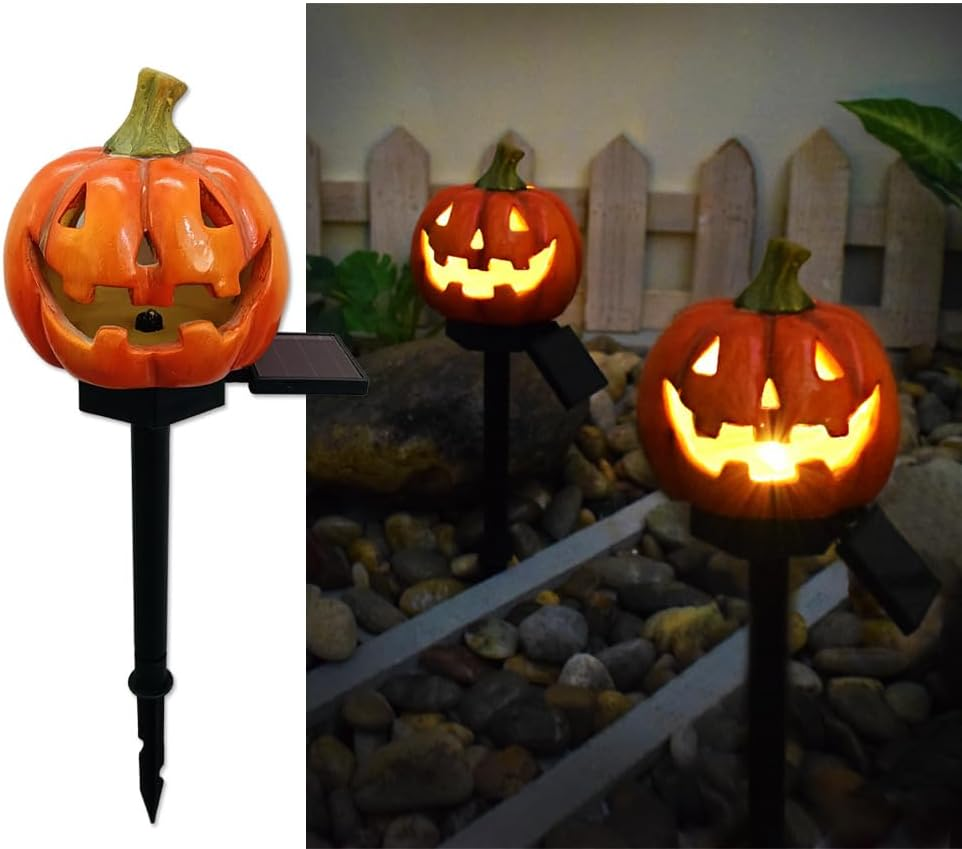 YZYOE LED Solar Pumpkin Head Ground Light, Halloween Outdoor Atmosphere Decoration Lamp, Cute Resin Pumpkin Head Courtyard Landscape Lights. image number 2