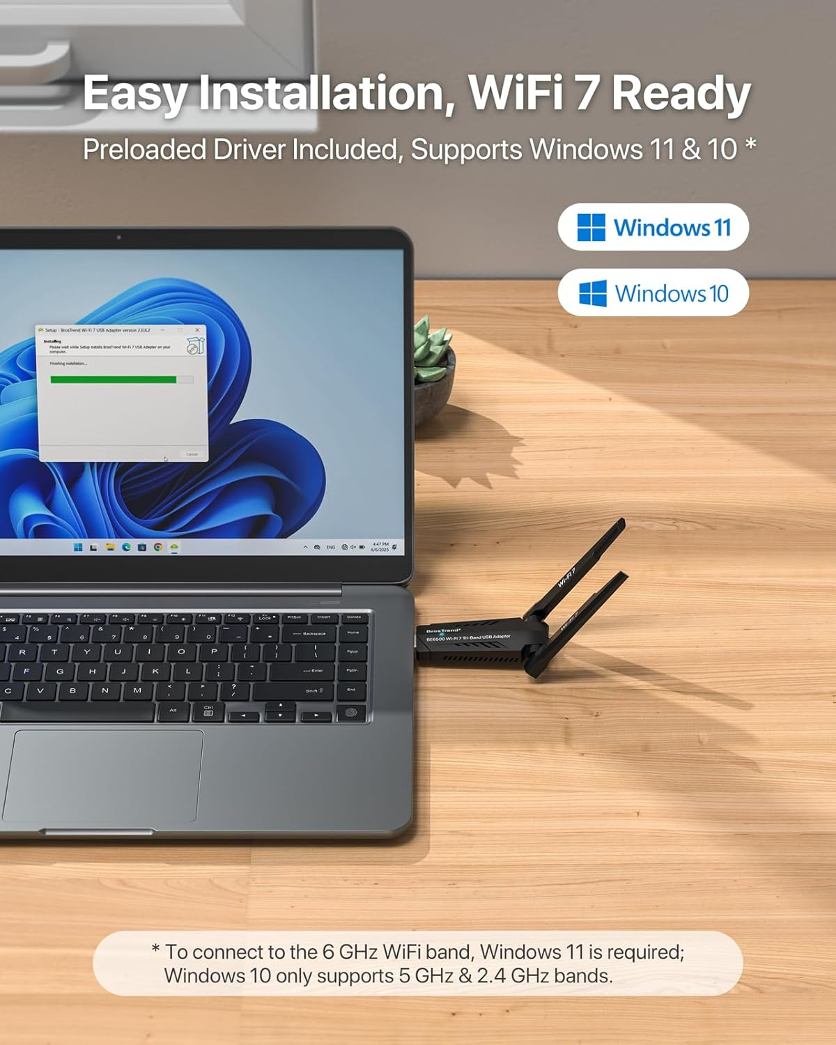 Brostrend BE6500 Wi-Fi 7 USB Wifi Adapter for PC Desktop Laptop, Long Range Wifi Dongle Tri-Band 6Ghz 2882Mbps + 5Ghz 2882Mbps + 2.4G 688Mbps, Wi-Fi USB Wireless for Windows 11/10, 4K-QAM WPA3, USB3.0 image number 5