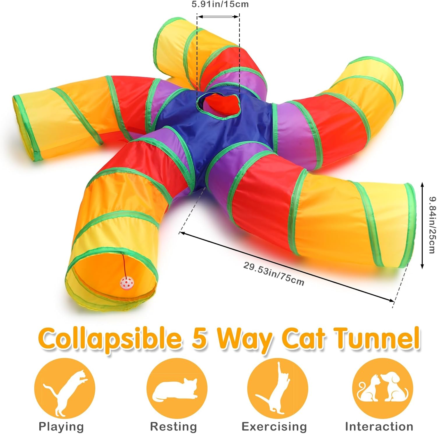 Poen 21 Pcs Cat Tunnel for Indoor Cats Set Collapsible 5 Way Cat Tubes with 20 Pcs Cat Toys Kitten Toys Interactive Cat Feather Toy Mouse Crinkle Balls Cat Tube for Puppy Kitten Rabbit(Colorful) - Colorful image number 3