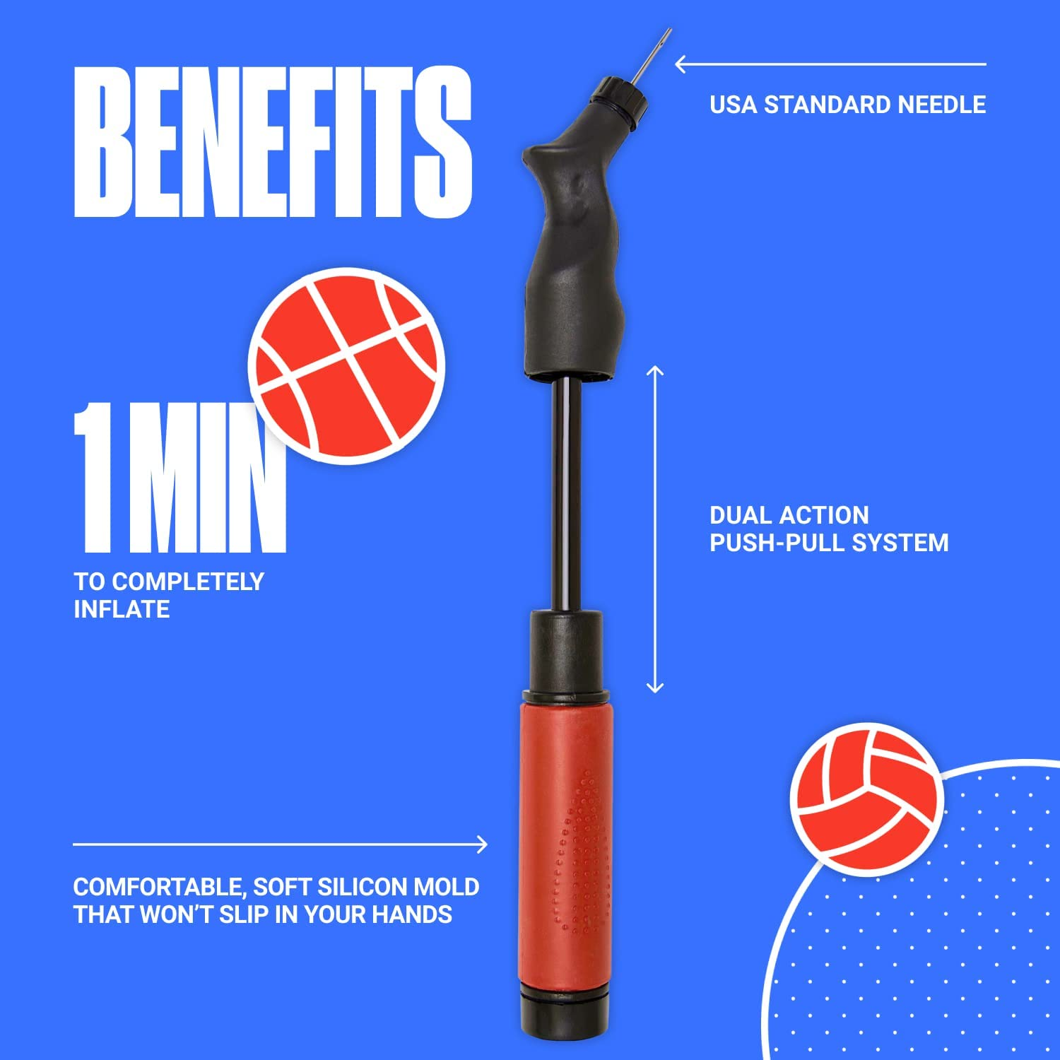 SPORTBIT Ball Pump with 5 Needles - Push & Pull Inflating System - Great for All Sports Balls - Volleyball Pump, Basketball Inflator, Football & Soccer Ball Air Pump - Goes with Needles Set - Orange image number 3