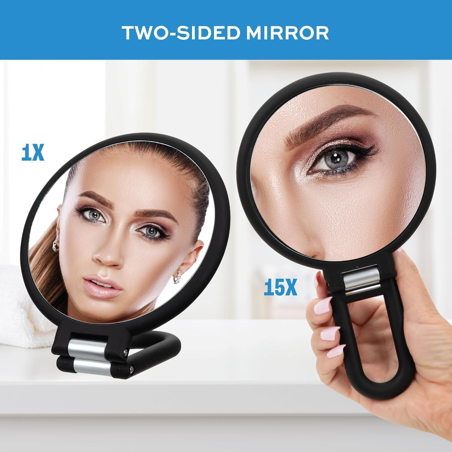 15X Magnifying Mirror, Travel Hand Mirrors with Handle, Double Side Handheld Mirror with 1X 15X Magnification & Adjustable Handle/Stand, Hand Held Foldable Travel Mirror for Makeup image number 1