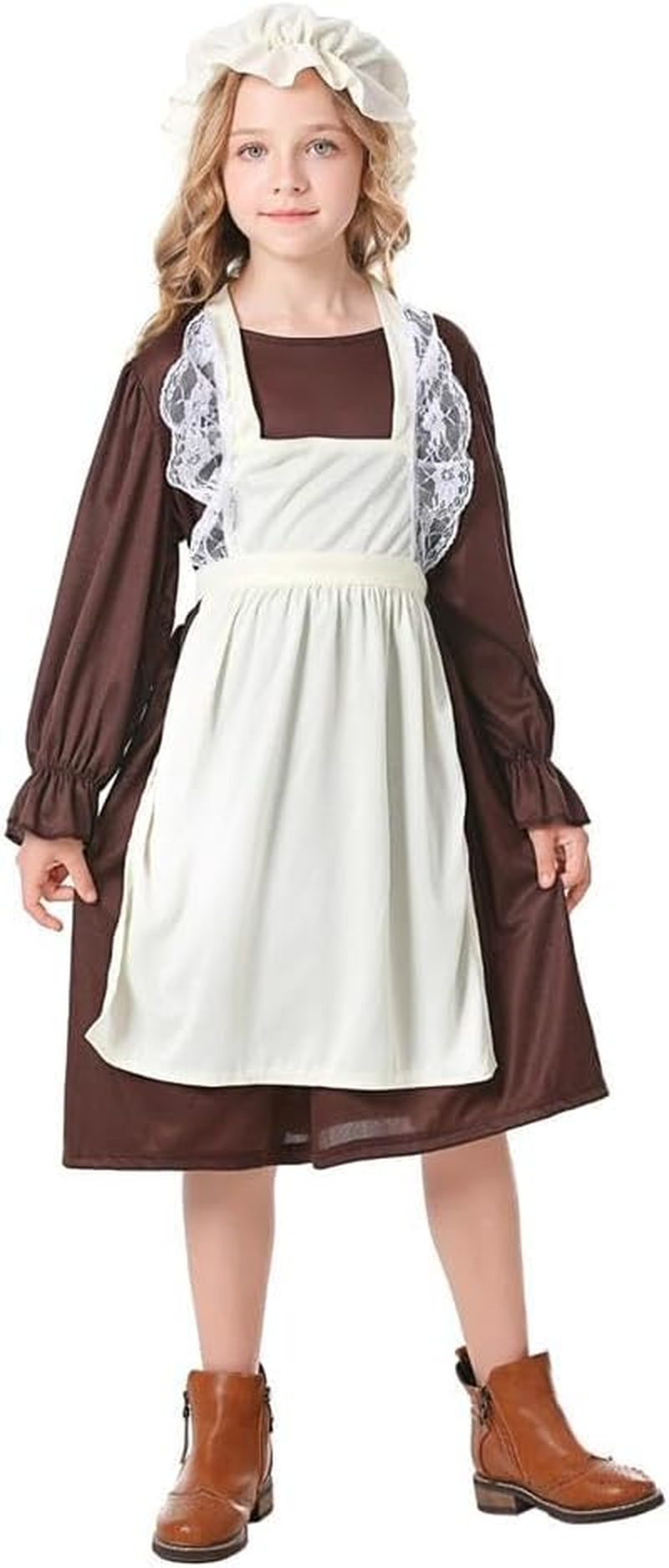 Dressy Daisy Pioneer Colonial Prairie Maid Dress Costume Clothing with Apron and Bonnet Mob Cap for Toddler Little Girls, Brown image number 1