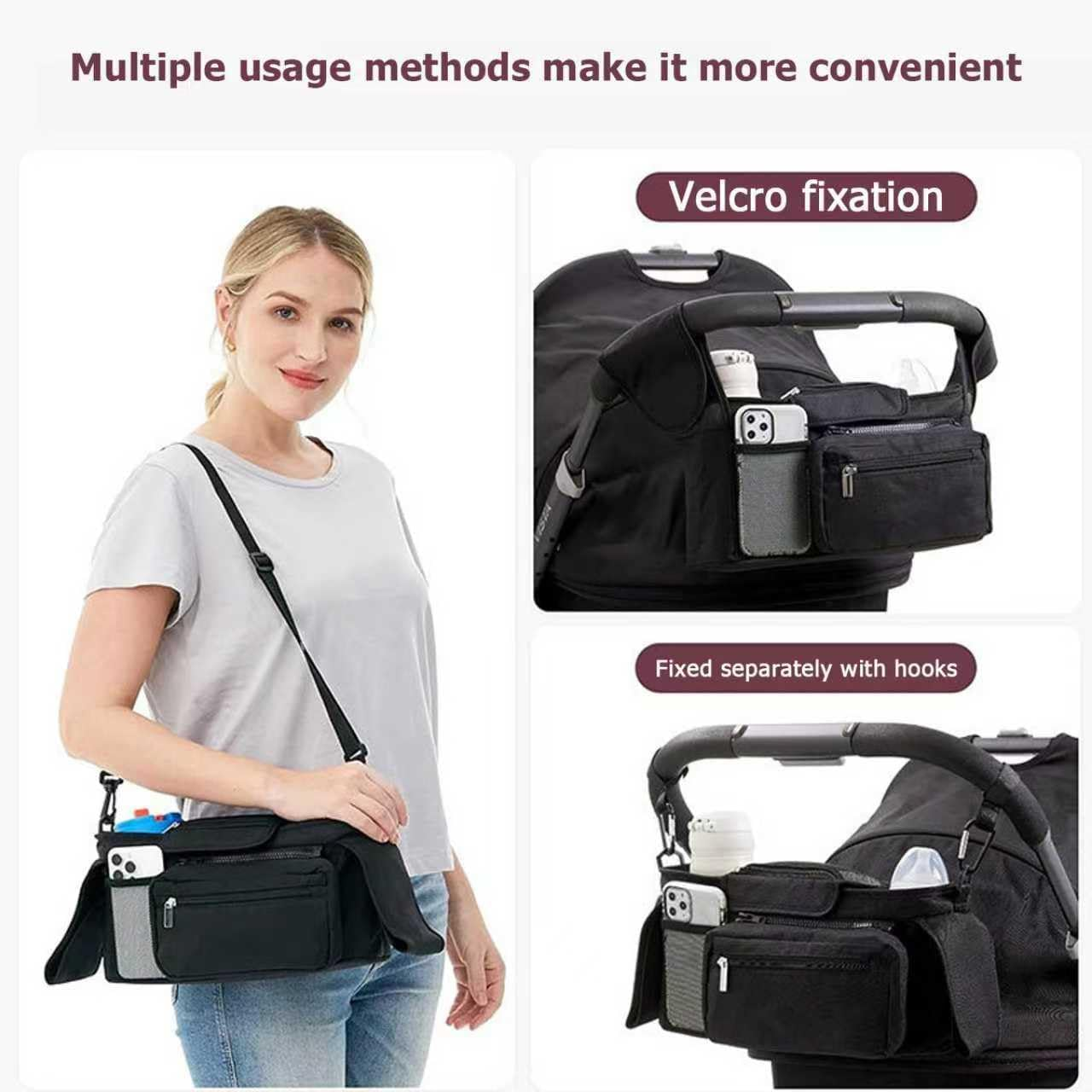 Universal Stroller Organizer with Cup Holder Detachable Phone Bag and Shoulder Strap, Stroller Bag Caddy Organizer Accessories for Uppababy, Baby Jogger, Britax Strollers image number 5