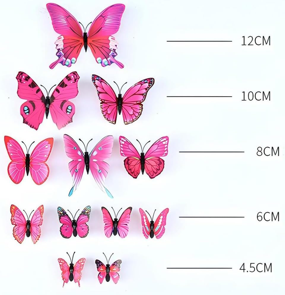 Tongke 3D Blue Butterfly Wall Decals, 12 Pieces, Decorative Adhesive Art Stickers (Rose Red) - Pink image number 3