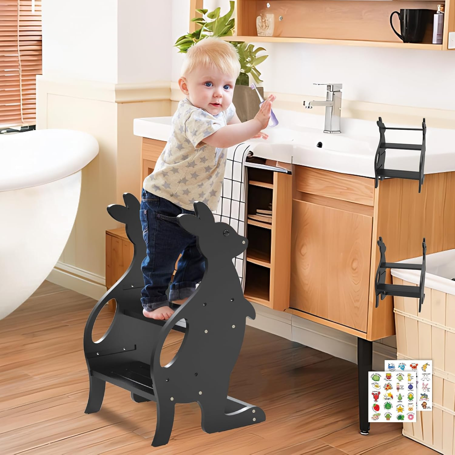 Wooden Kitchen Step Stool Helper for Bathroom Sink, Adjustable 2 in 1 Toddler Tower with Safety Rail and Anti-Slip Steps, Kids Learning Standing Tower for Counter, Toilet Potty Training (Natural)
