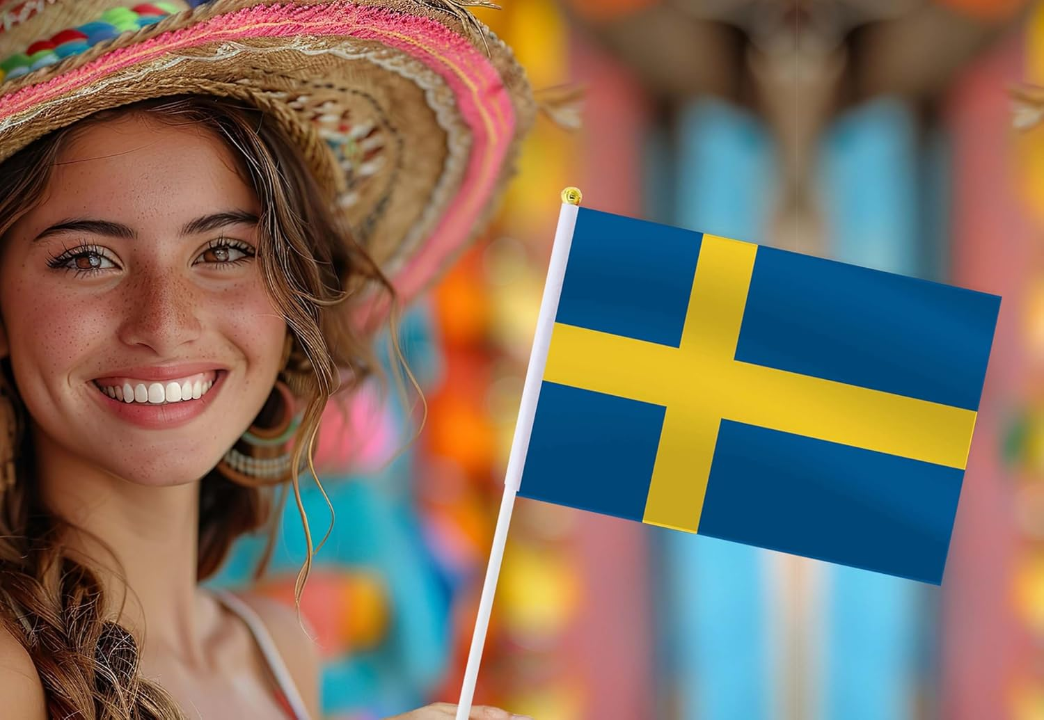 Sweden Handheld Small Flag Set,10 PCS 5&times;8 Inch Mini Swedes Hand Held Banner,Tiny Digital Printed Polyester Banner image number 1