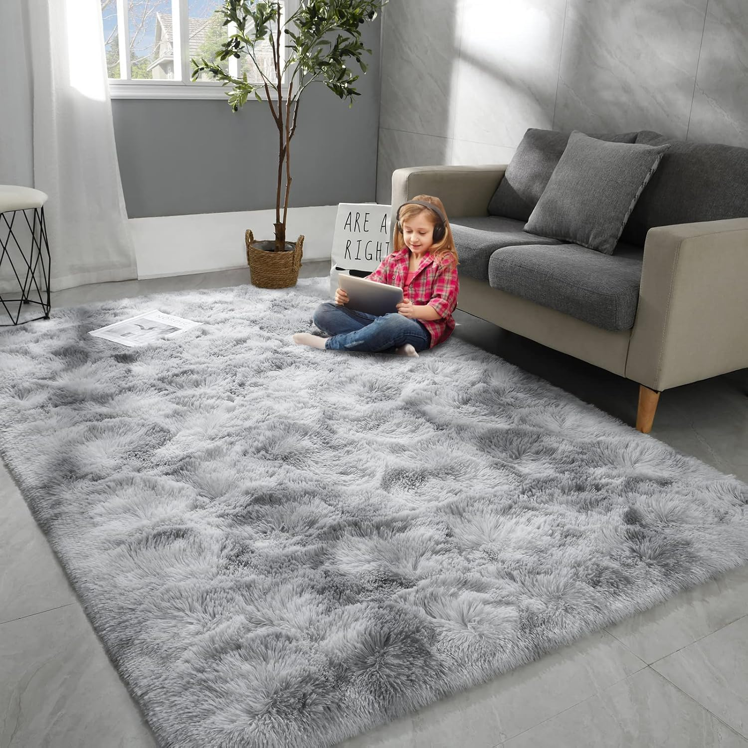 Large Area Rugs for Living Room, Ultra Soft Indoor Modern Fluffy Bedroom Carpets, Washable Furry Throw Rugs Area Carpets for Children Home Decor Nursery Rug (Light Grey,50 X 80 CM)