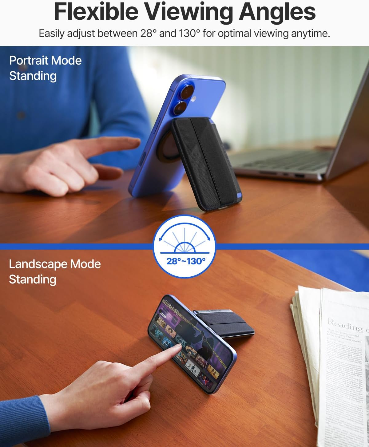 Sinjimoru for Magsafe Wallet, Adjustable Stand with Magnetic Wallet, 3000G Magnetic Strengh, Soft Wool Band Grip, Side Access Type, M-Band Stand Black image number 1