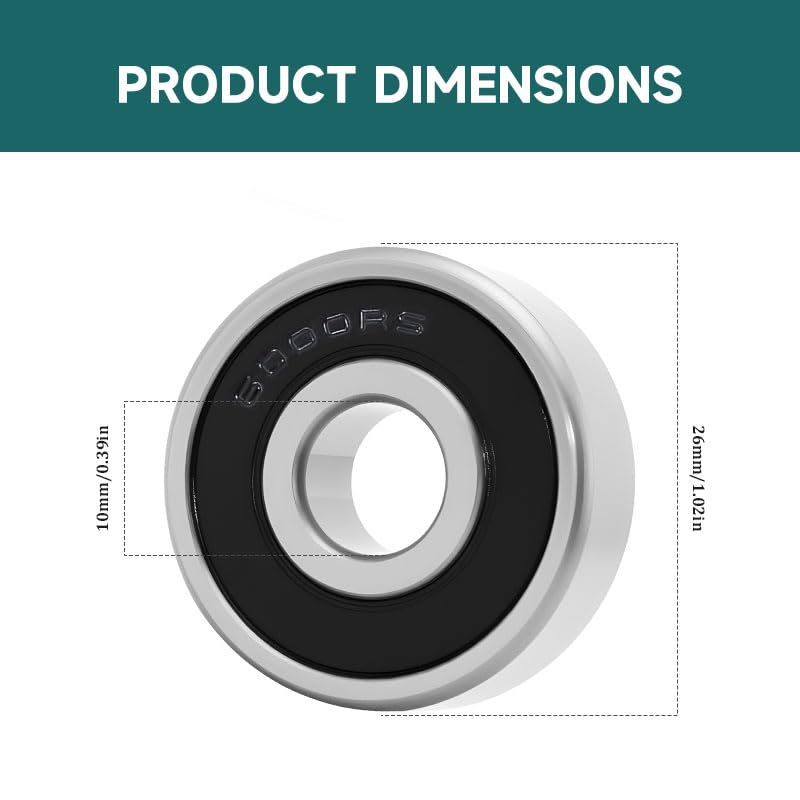 2Pcs 6000-2RS Deep Groove Ball Bearings, Double Sealed Chrome Steel Bearings, Compatible with Skateboards, Longboards, Inline Skates, Scooters, Fidget Spinners and Small Machinery image number 4
