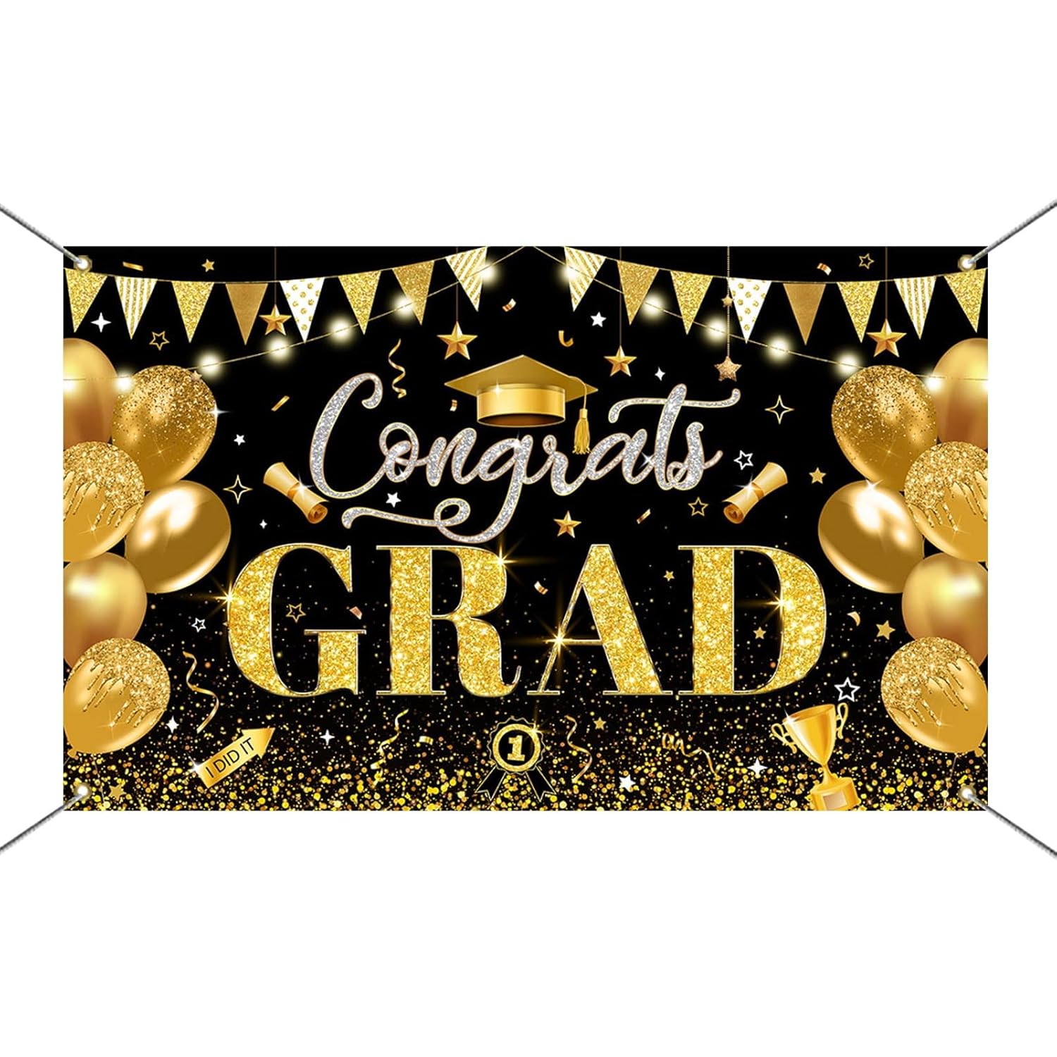 Mocsicka 2025 Graduation Backdrop Gold Black 2025 Graduate Party Decorations Banner Bachelor Cap Congratulations Graduates Photography Backdrop image number 5