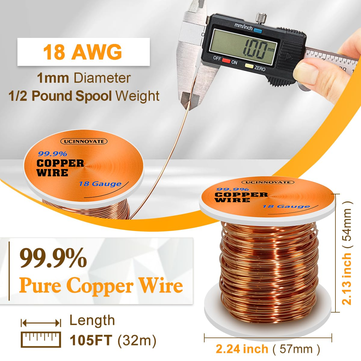 UCINNOVATE 18 Gauge Pure Copper Wire, 18 AWG 99.9% Bare Copper Wire 105FT / 32M 1/2 BL Spool, Solid Soft Copper Wire for Jewelry Making Craftwire, Cooper Wire Coil for Electroculture Gardening Antena image number 2
