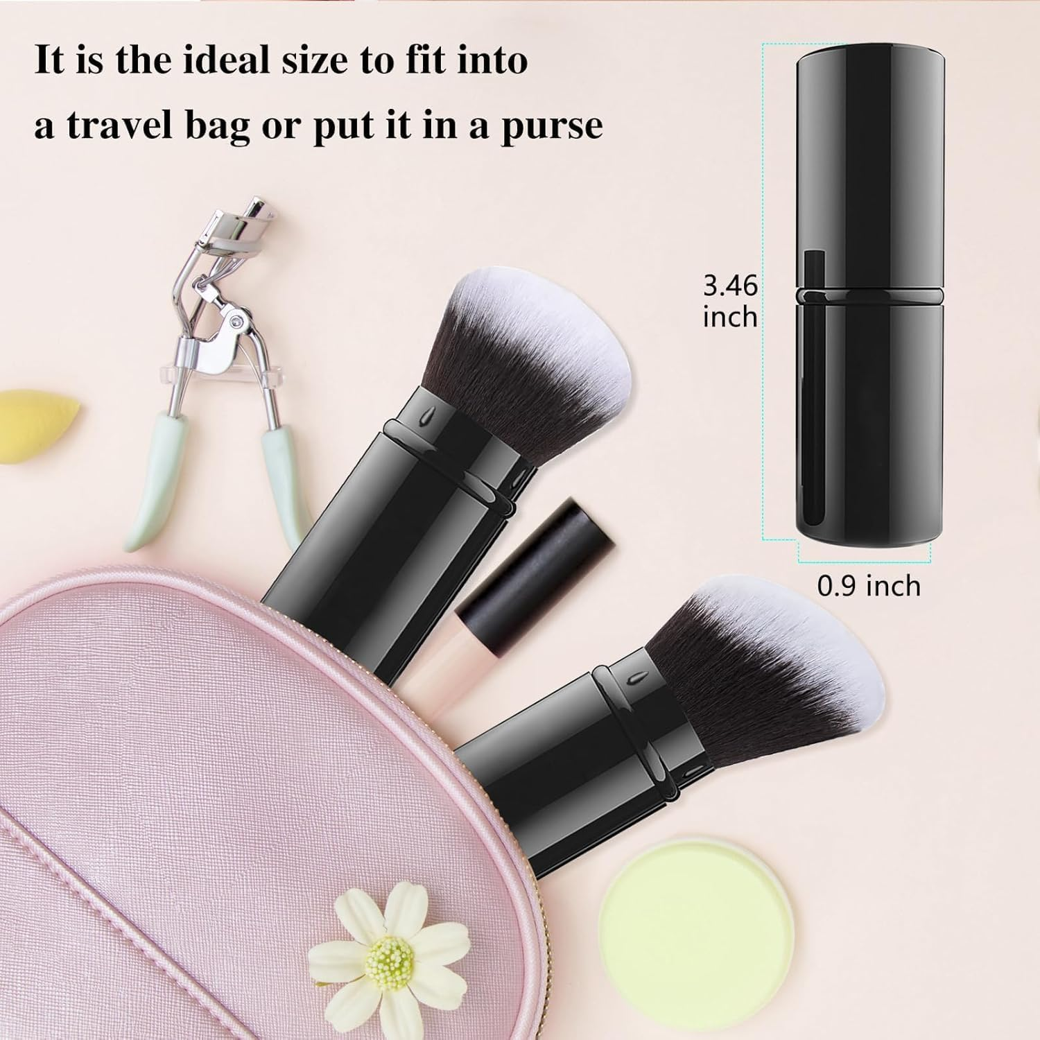 Black Retractable Make-Up Brush, 2Pcs Travel Face Blush Brushes with Cover, Telescopic Make-Up Brush Big Makeup Brushes, Retractable Kabuki Makeup Brushes with Flat and round Top image number 2