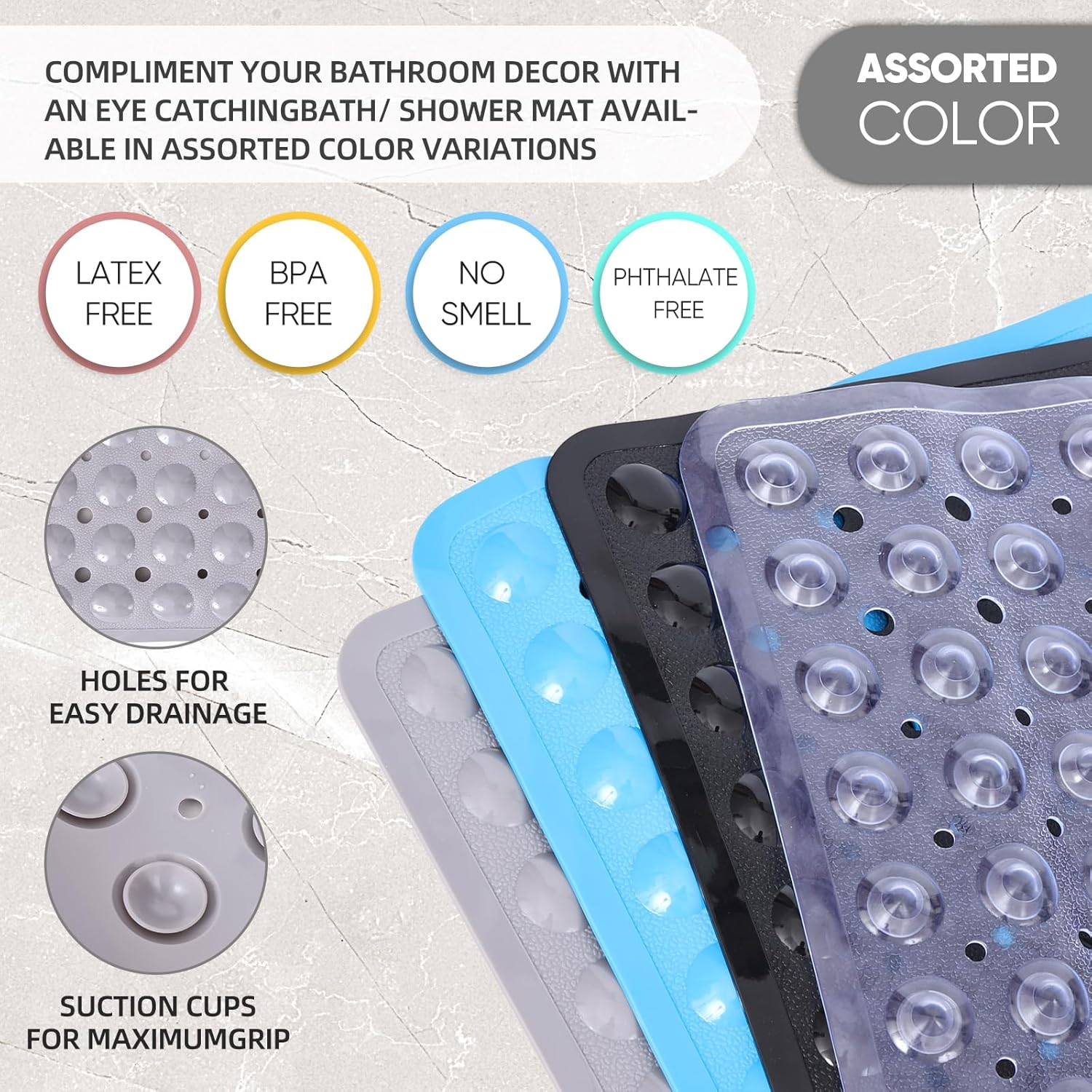 Square Shower Mat Non Slip anti Mould - 53 X 53Cm/21 X 21Inch anti Slip Shower Mat with Suction Cup, Antibacterial Rubber Bathtub Mat with Drain Holes, Machine Washable (Grey) - Black image number 4