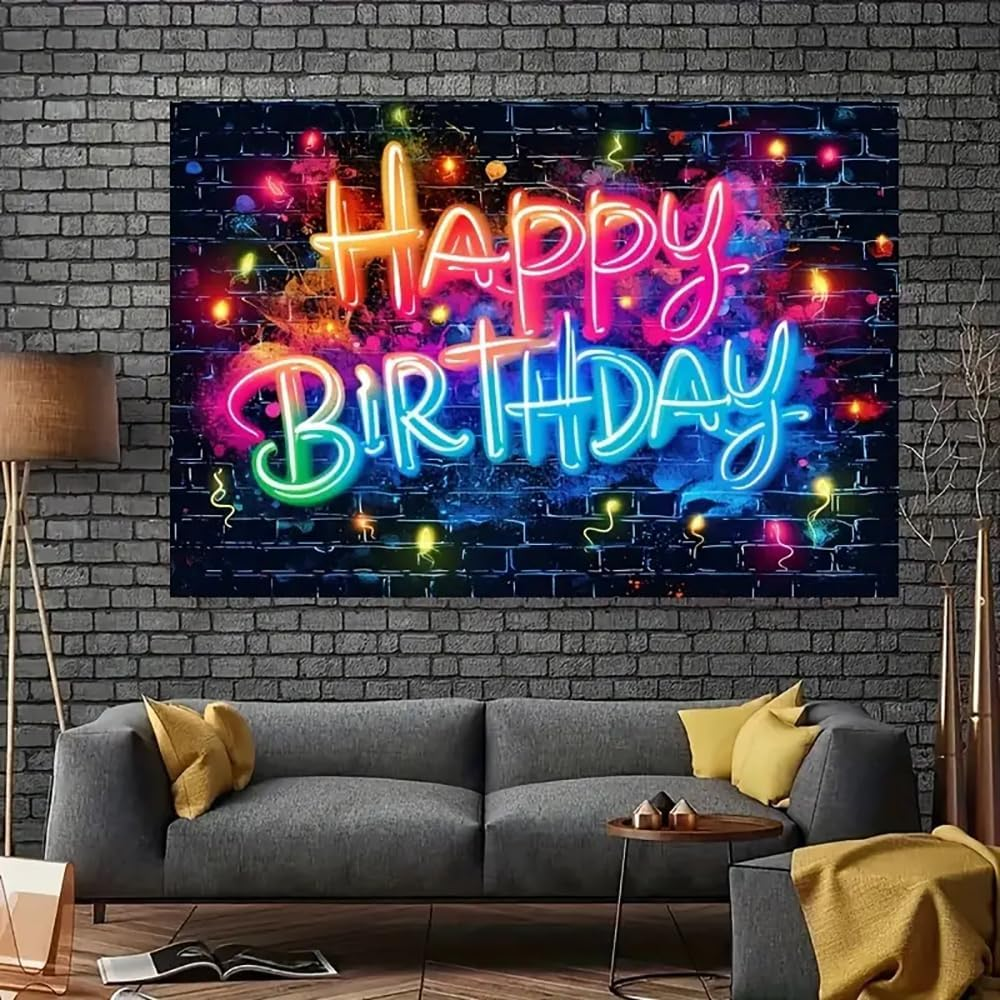 Neon Glow Happy Birthday Backdrop Banner,Glow in the Dark Brick Wall Funny Graffiti Colorful Painting Splatter Photo Background for Party Photos Shoot & Celebratory Decor (180 * 110Cm) image number 1