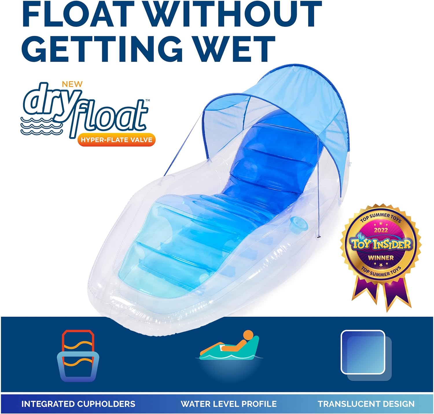 Swimways Dry Float Shadester Pool Float, Translucent Inflatable Recliner Chair for Adults with Fast Inflation, Canopy, Foot Rest and Cup Holder