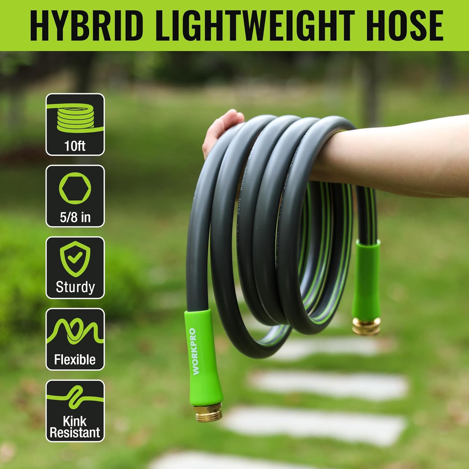 WORKPRO Garden Hose 1.59Cm X 3M, Heavy Duty, Flexible, Lightweight Water Hose with 360&deg; Rotation Handle, 3/4" GHT Solid Brass Fittings, for Outdoor, Lawn, Garden & Yard, Car Wash image number 1