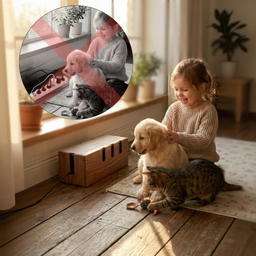 Small Wooden Cable Management Box &ndash; 31 X 12 X 13 Cm Cords Organiser for Power Board & Surge Protectors &ndash; Wire Organizer Box for Desk, TV Unit & Computer Desk