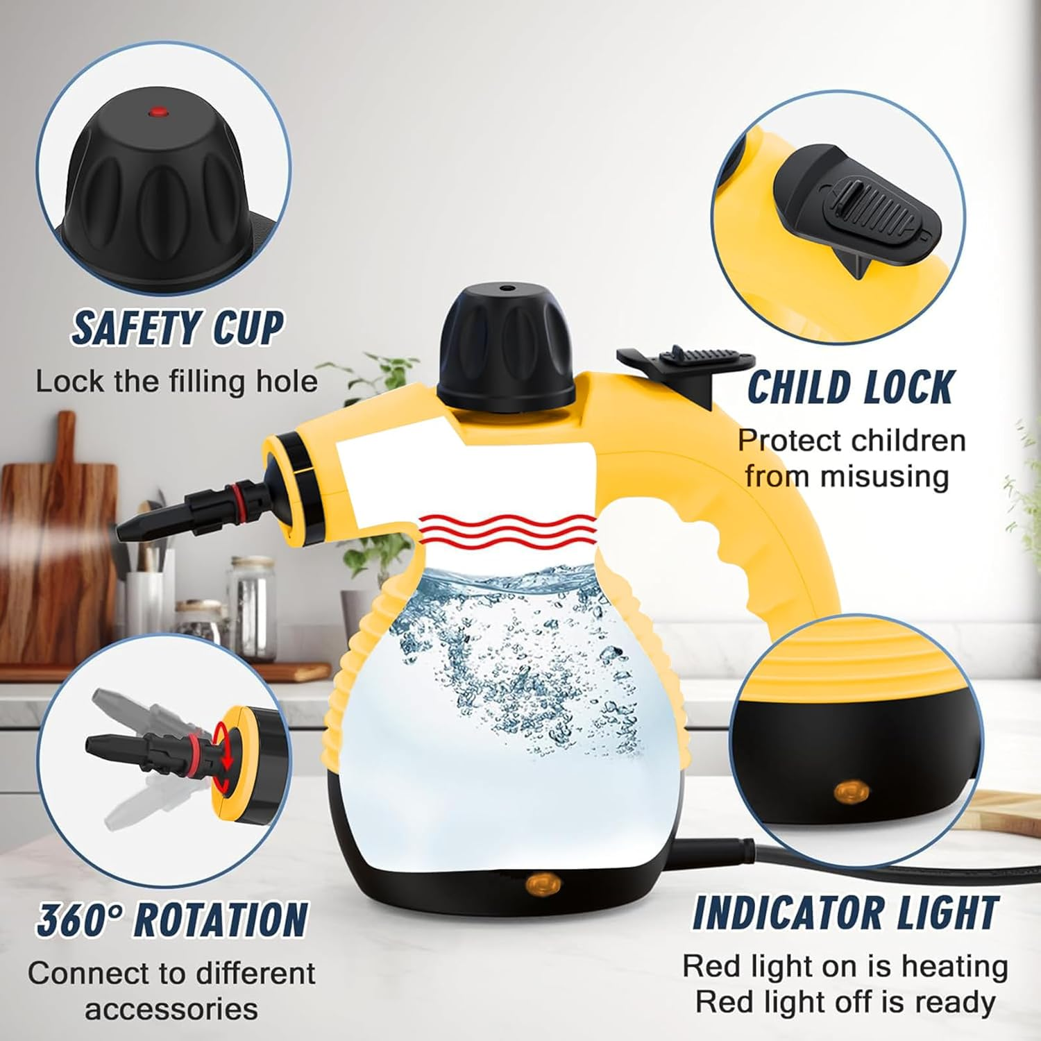 Handheld Steam Cleaner, Steamer for Cleaning, Multipurpose Portable Steam Cleaners for Home Use with Safety Lock and 9 Accessory Kit to Remove Grime, Grease, and More, save Time and Effort (Yellow) image number 3