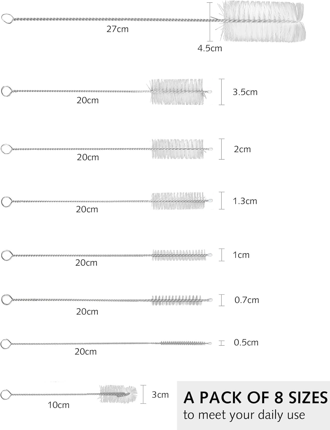 8 Pieces Small Bottle Brushes, Nylon Straw Cleaning Brush Set for Washing Narrow Neck Water Bottles, Glasses, Teapot Pourers (White)
