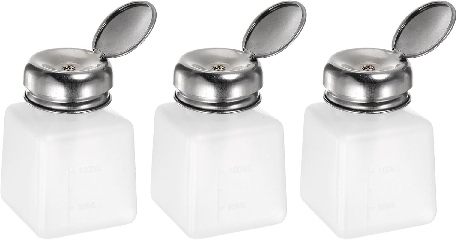 Uxcell 3Pcs Solvent Alcohol Dispensers 100Ml(3.4Oz) Push down Liquid Dispenser Pump with Sealing Stainless Steel Lid for Acetone Solution, White image number 5