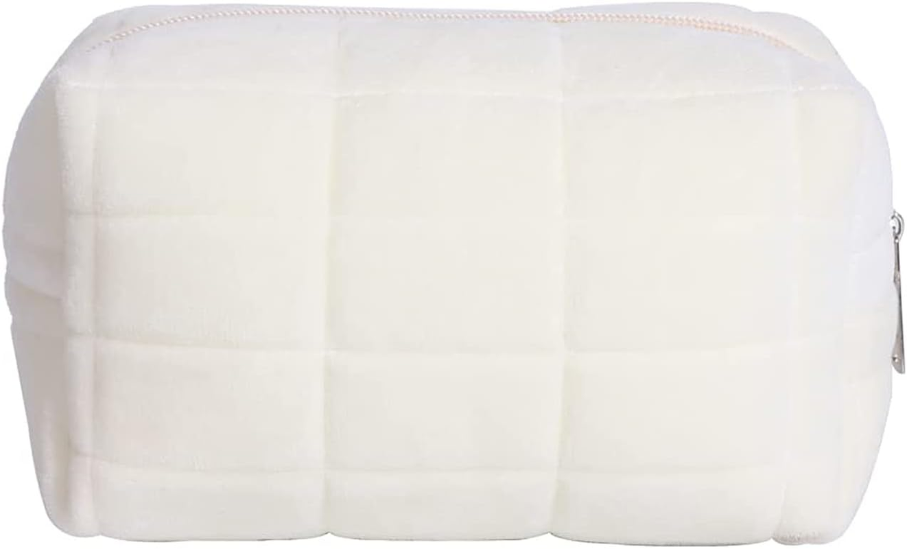 Cessfle Checkered Plush Makeup Bag Small Cosmetic Bag, Puffy Cute Makeup Bag for Purse Solid Color White Makeup Pouch with Zipper Makeup Brushes Storage Bag, 1Pc-White image number 1