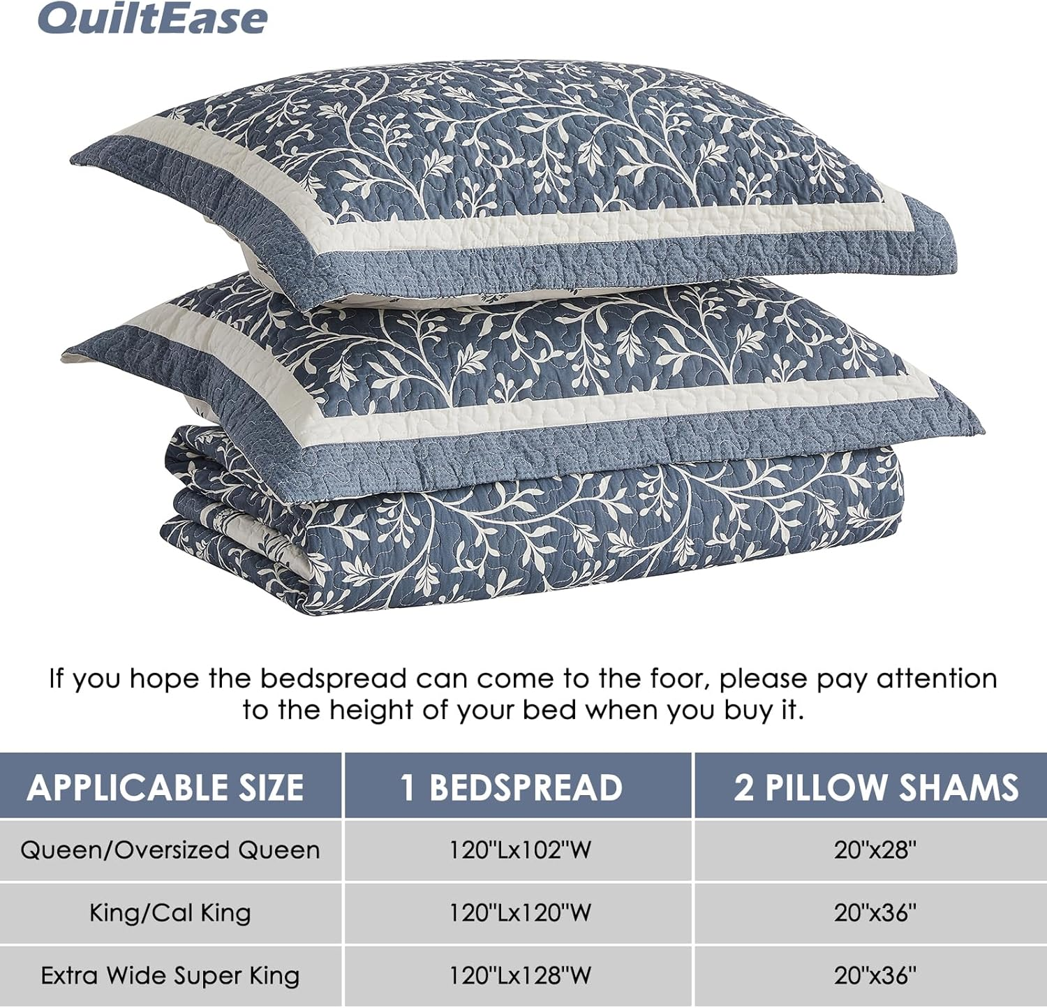 Quiltease Oversized King Bedspread - 120" Lx128 W Extra Wide - 100% Cotton Lightweight Vine Botanical California Quilt Sets - Reversible Super Bed Coverlet Set - Grayish-Blue/Light Gray image number 2