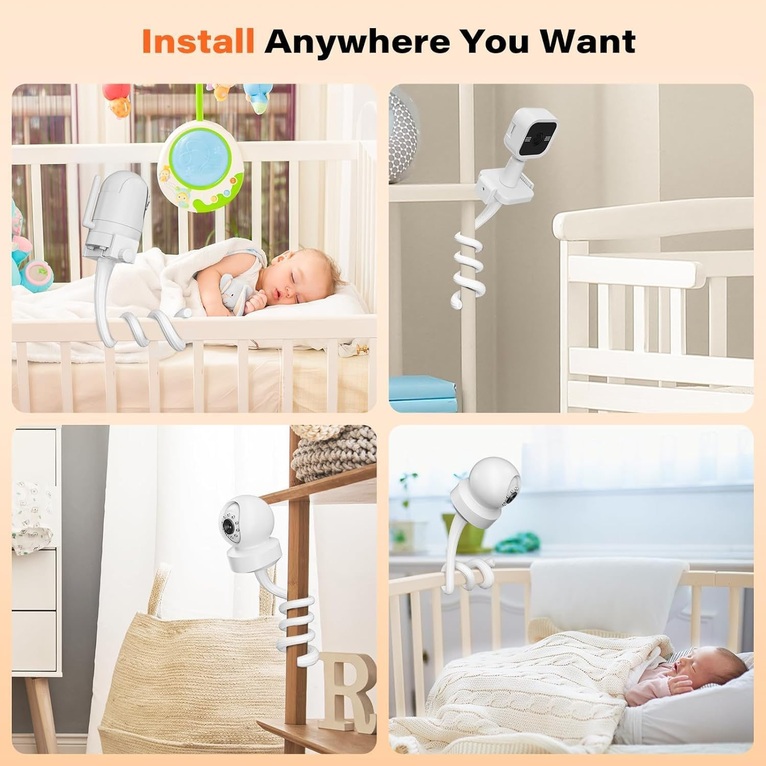 Baby Monitor Mount, Camera Shelf, Flexible Camera Holder, Universal Compatible Size, Adjustable Crib & Furniture Attachment for Baby Monitors(White) image number 1