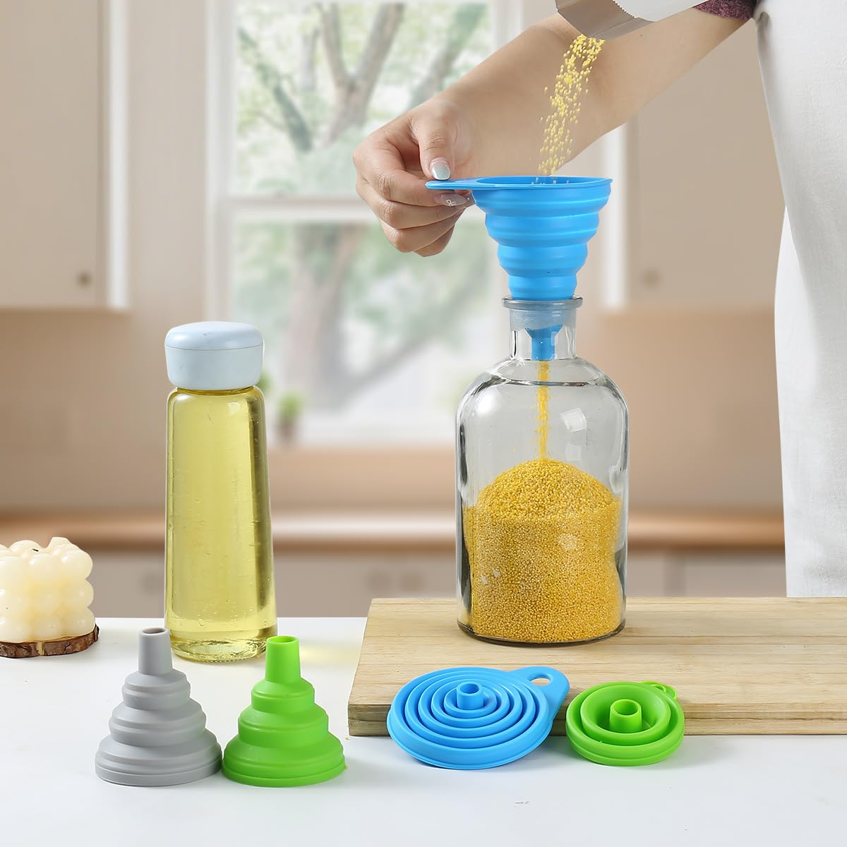 6 Pack Silicone Collapsible Funnels for Kitchen Use Filling Bottles, 3 Small and 3 Large Food Grade Kitchen Funnel Set for Filling Water, Oil, Spices, Powder &ndash; Silicone Funnels with Hook for Storage image number 2