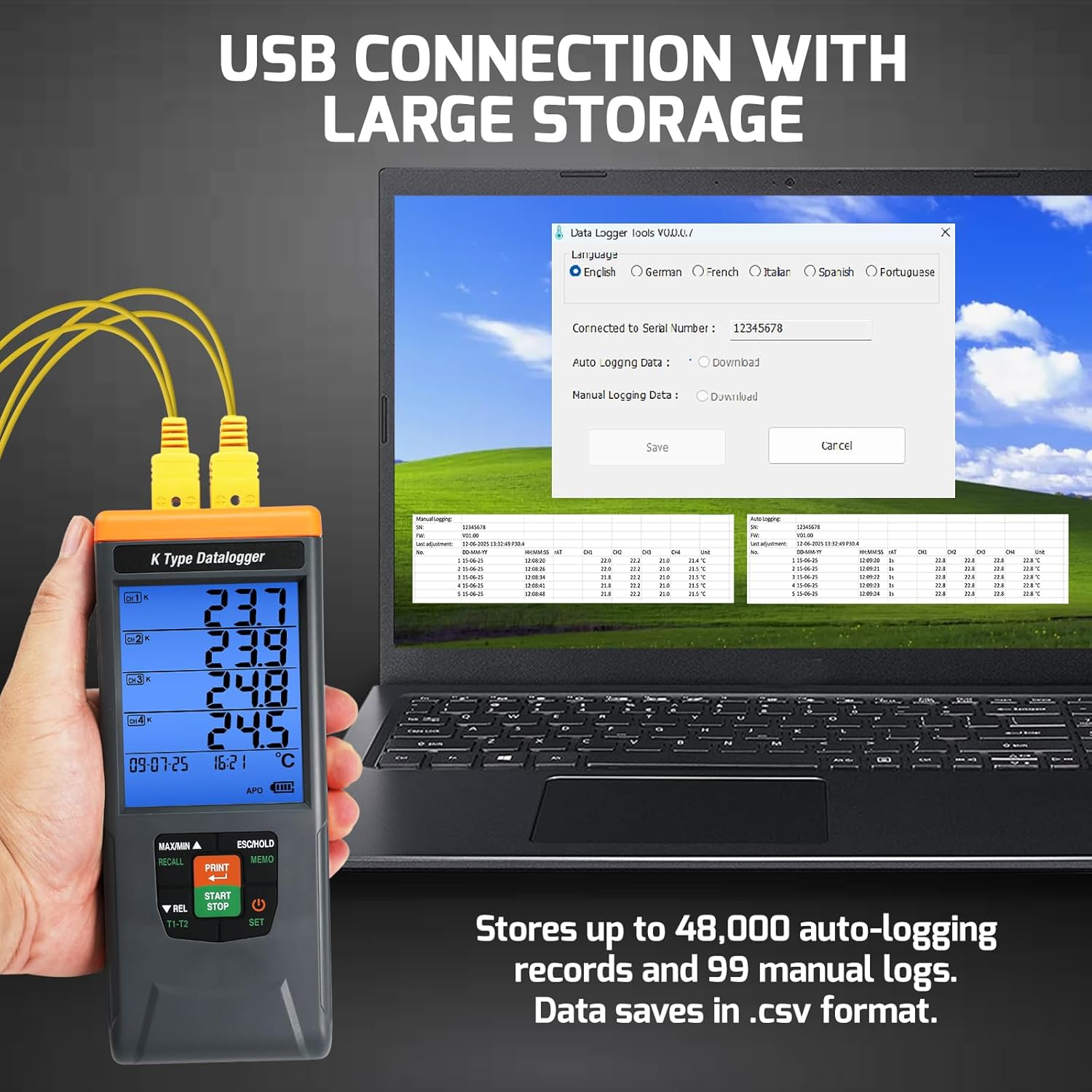 Thermocouple Thermometer Data Logger 4 Channel Digital K Type Temperature Data Logger Recorder with 48K Records, 328~2498℉ (-200~1370℃) Range with Audible/Visual Alarms for Laboratory Industrial image number 1